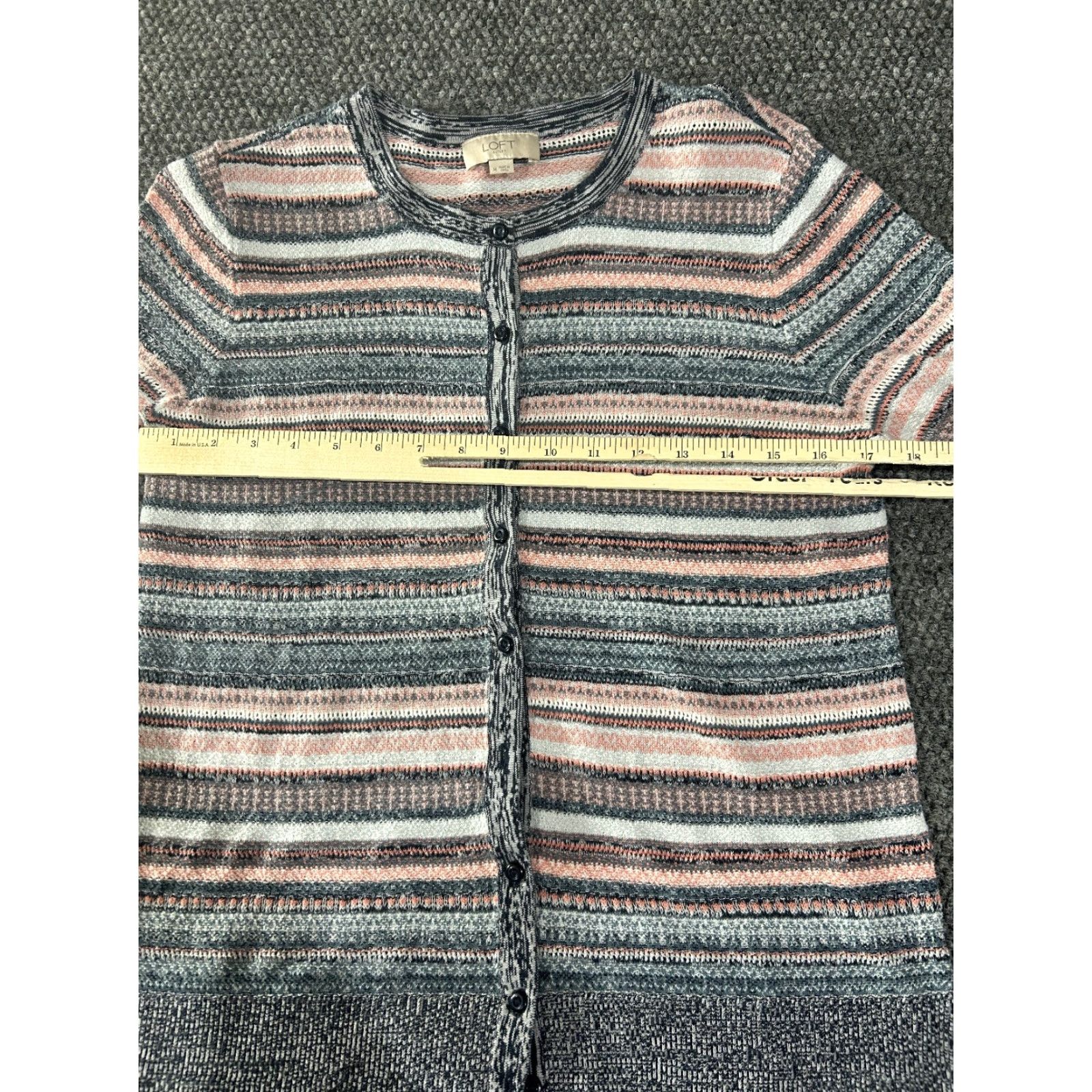 Loft LOFT Cardigan Sweater Womens Medium Gray Pink Striped Crew Neck Knit Button Front Raglan Sleeve Size M / US 6-8 / IT 42-44 - 4 Thumbnail
