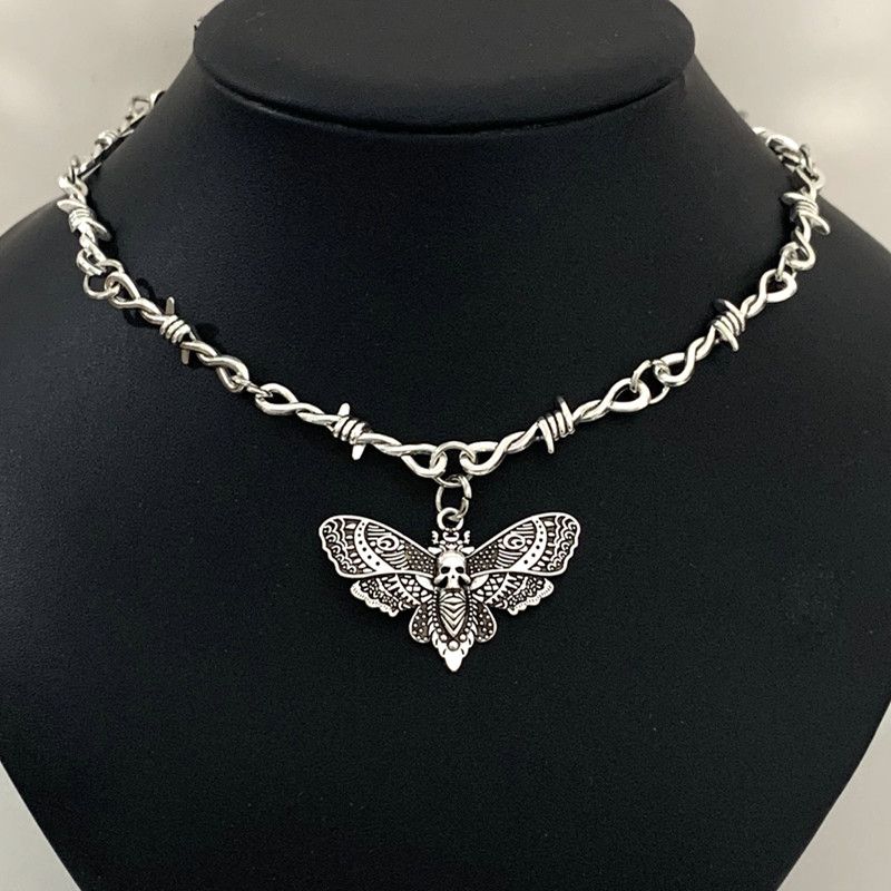 Jewelry Moth Skull Barbed Wire Cross Pendant Necklace Size ONE SIZE - 1 Thumbnail
