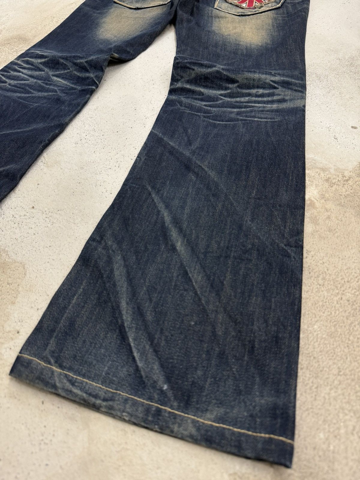 Japanese Brand Lolita Dark Mudwash Whisker Embroidery Flare Denim Pants Size US 27 - 15 Thumbnail