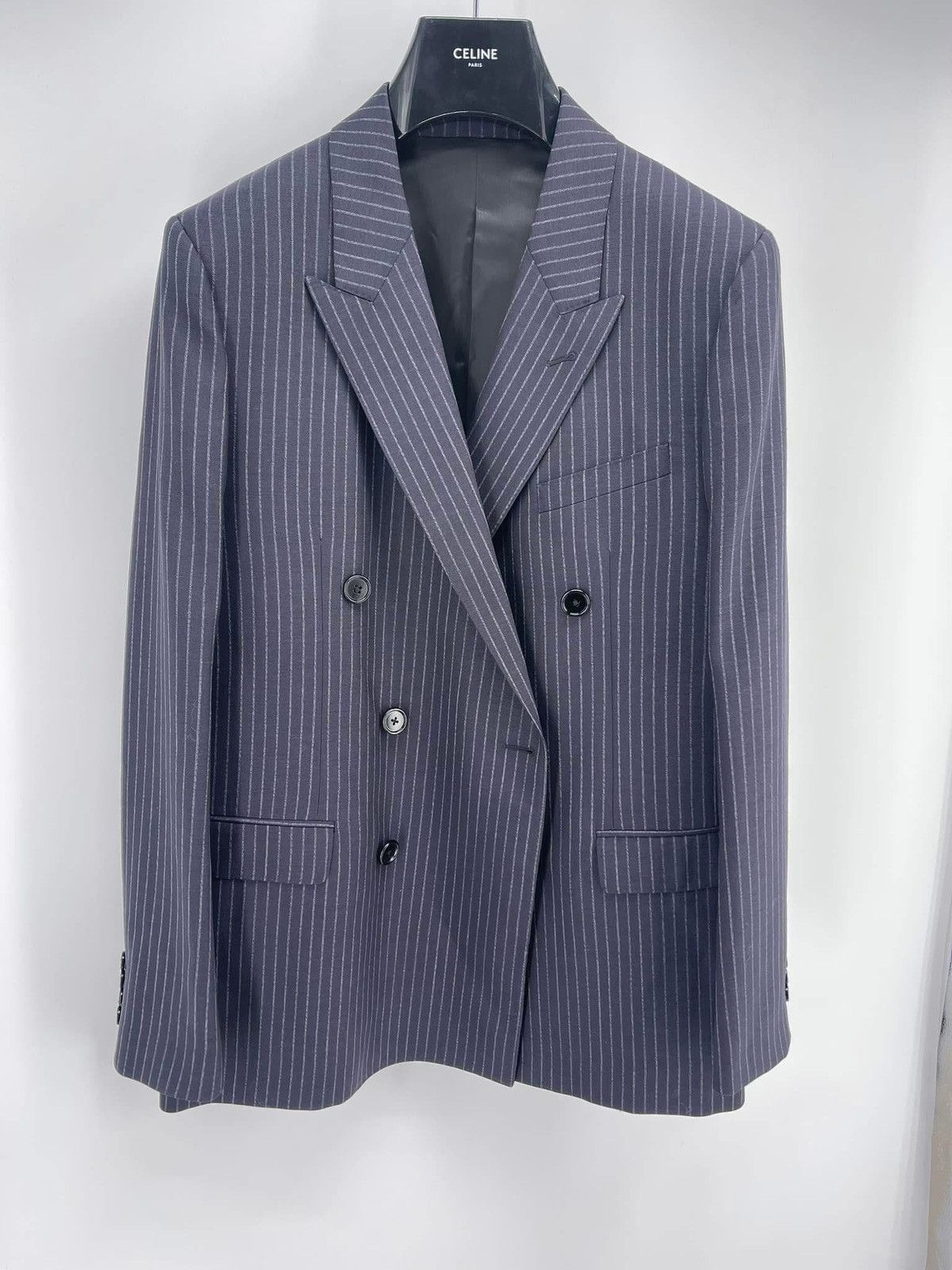 Celine × Hedi Slimane 22SS Double Breasted Navy Chalk Stripe Suit Wool Rectangle Size 44R - 5 Thumbnail