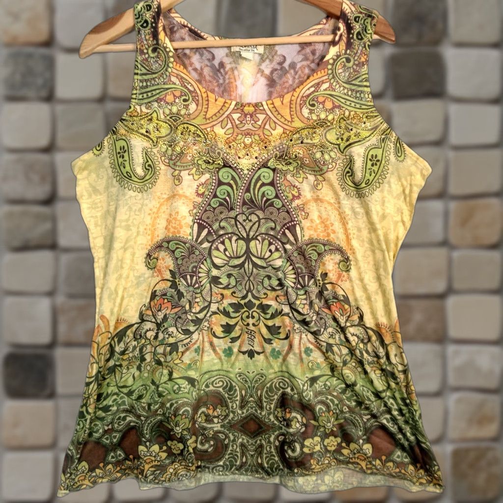 Olive Emerald Tank Top XL Shirt Women Multicolor Paisley Lace Trim Sleeveless Knit Y2K Boho Hippe Spring Summer Regular Size XL / US 12-14 / IT 48-50 - 1 Thumbnail