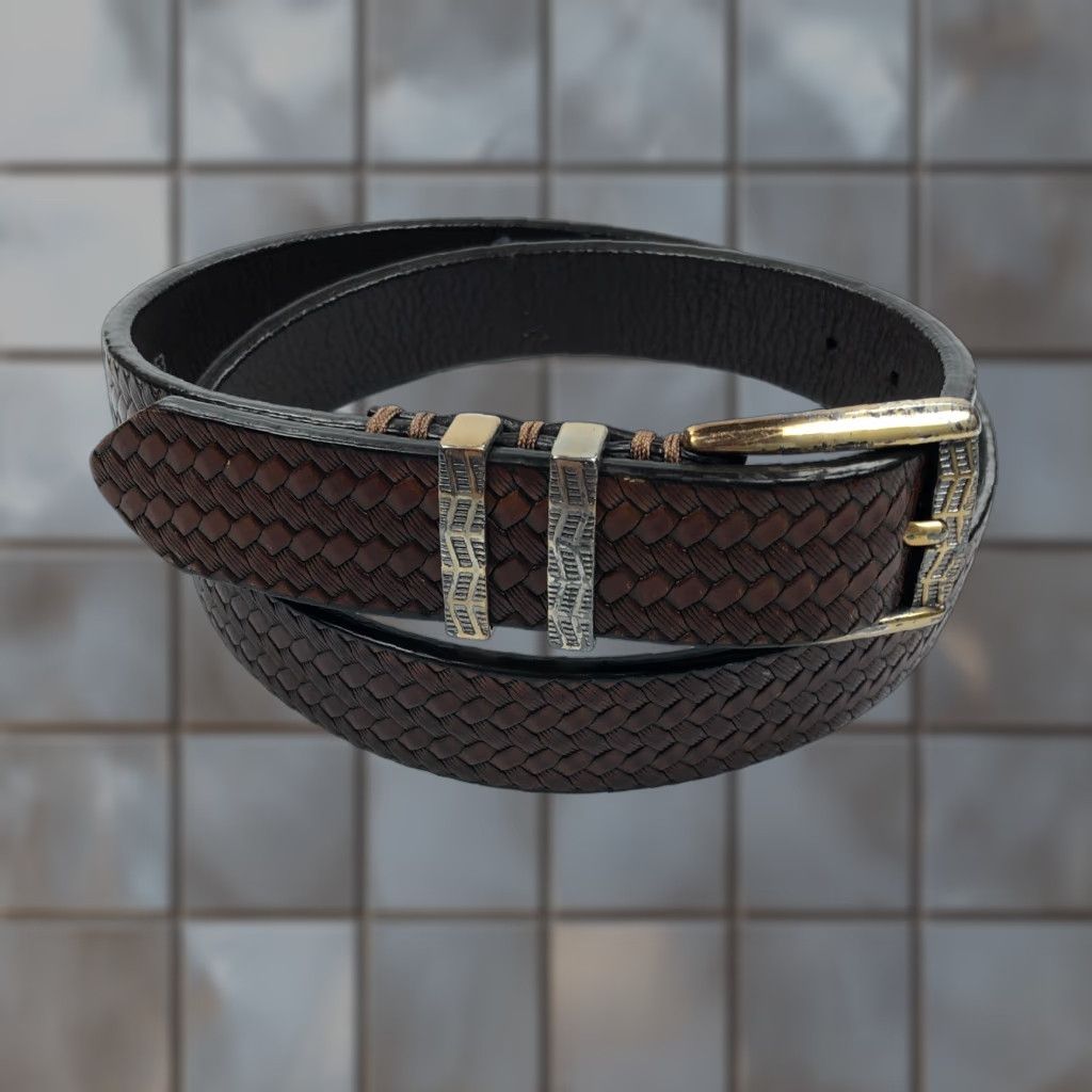 Vintage Leather Island Belt Belt by Bill Lavin Brown 36 Basket Weave Brass Buckle Dress Mens Size 36 - 1 Thumbnail