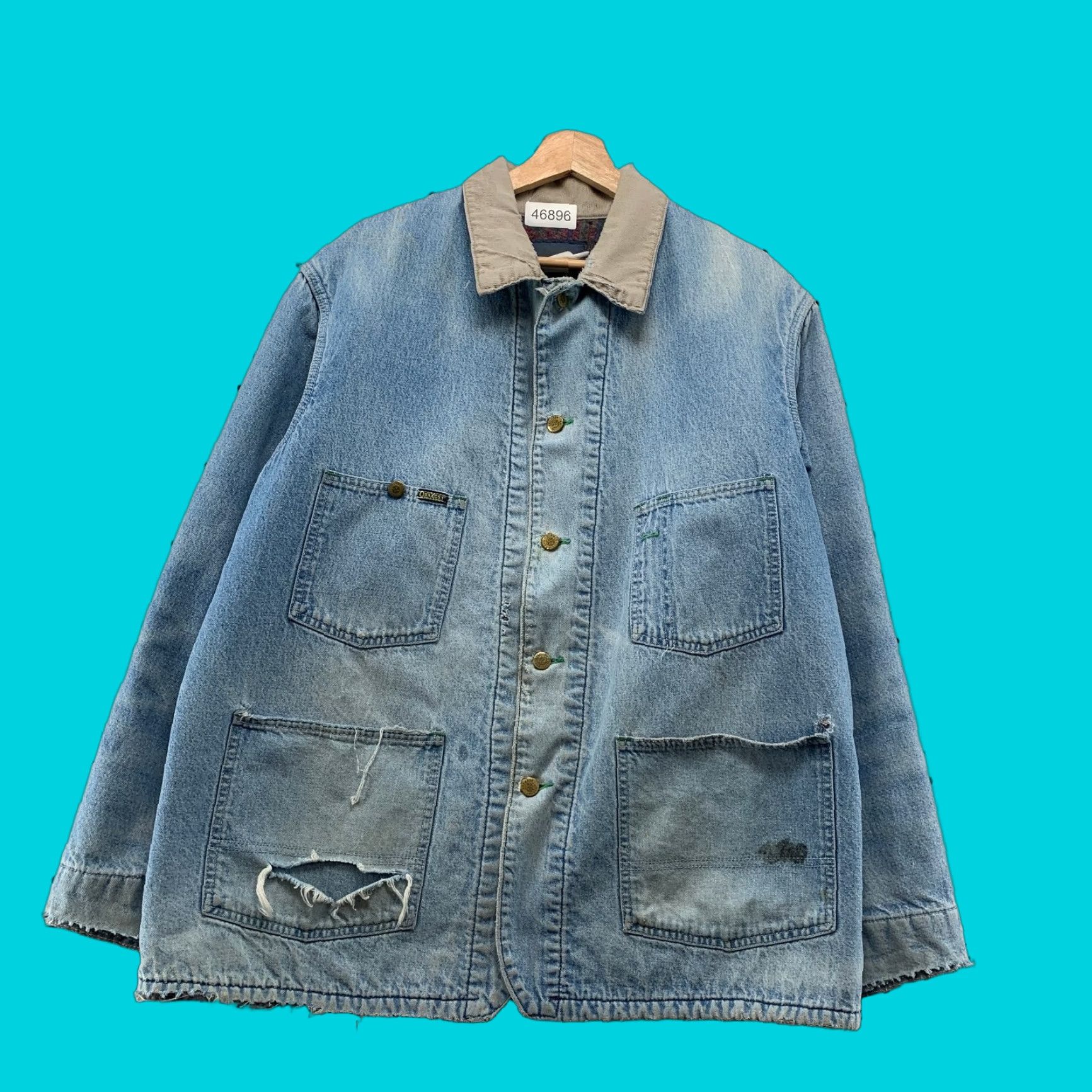 VINTAGE OshKosh Denim Chore Coat Mens XL Blue Distressed Aztec Flannel Lined