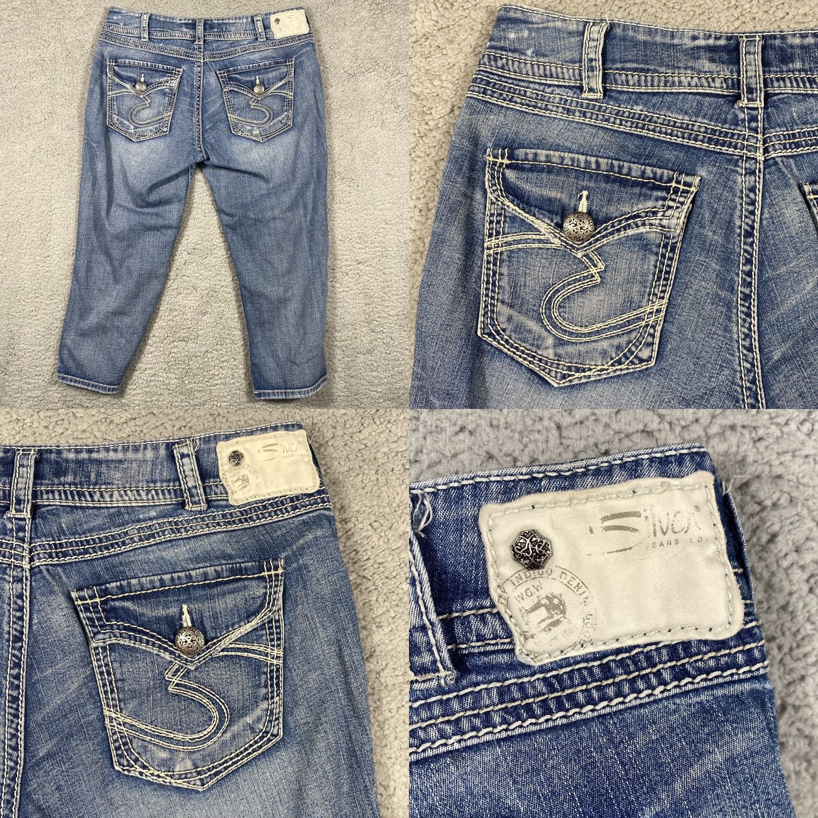 Silver Jeans Co. Silver SUKI SURPLUS Capri Jeans Womens Flap Pocket Thick Stitch Blue 29x20 Pockets Medium Wash US Made Size 29" - 8 Thumbnail
