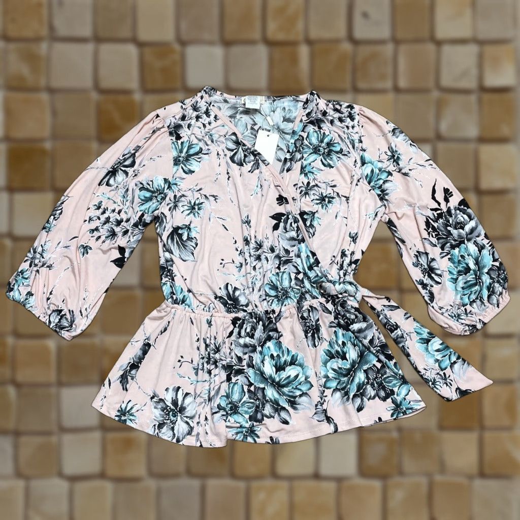 Vintage Emi & Joe Womens Blue Floral 3/4 Sleeve V-Neck Pullover Blouse Top Size Large Size L / US 10 / IT 46 - 1 Thumbnail