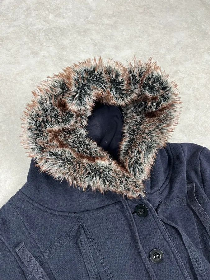 Marithe + Francois Girbaud 2000s Marithé + François Girbaud Navy Fur Hooded Cardigan Jacket Size US M / EU 48-50 / 2 - 5 Thumbnail
