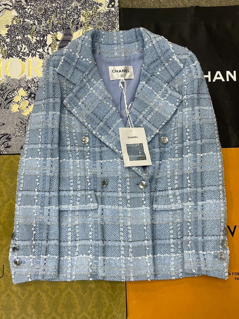 Chanel Blue Plaid Tweed Jacket