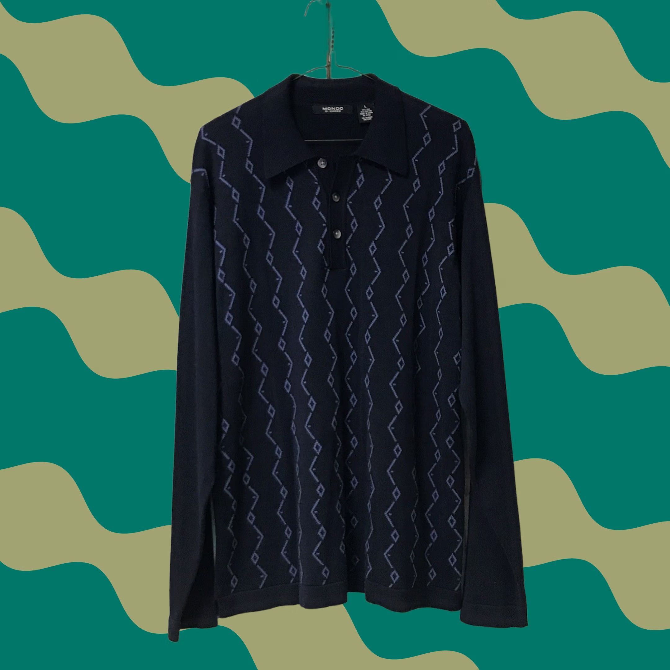 Vintage VTG Mondo Di Marco Men Navy Diamond Zigzag Silk Blend Knit Collared Sweater L Size US L / EU 52-54 / 3 - 1 Thumbnail