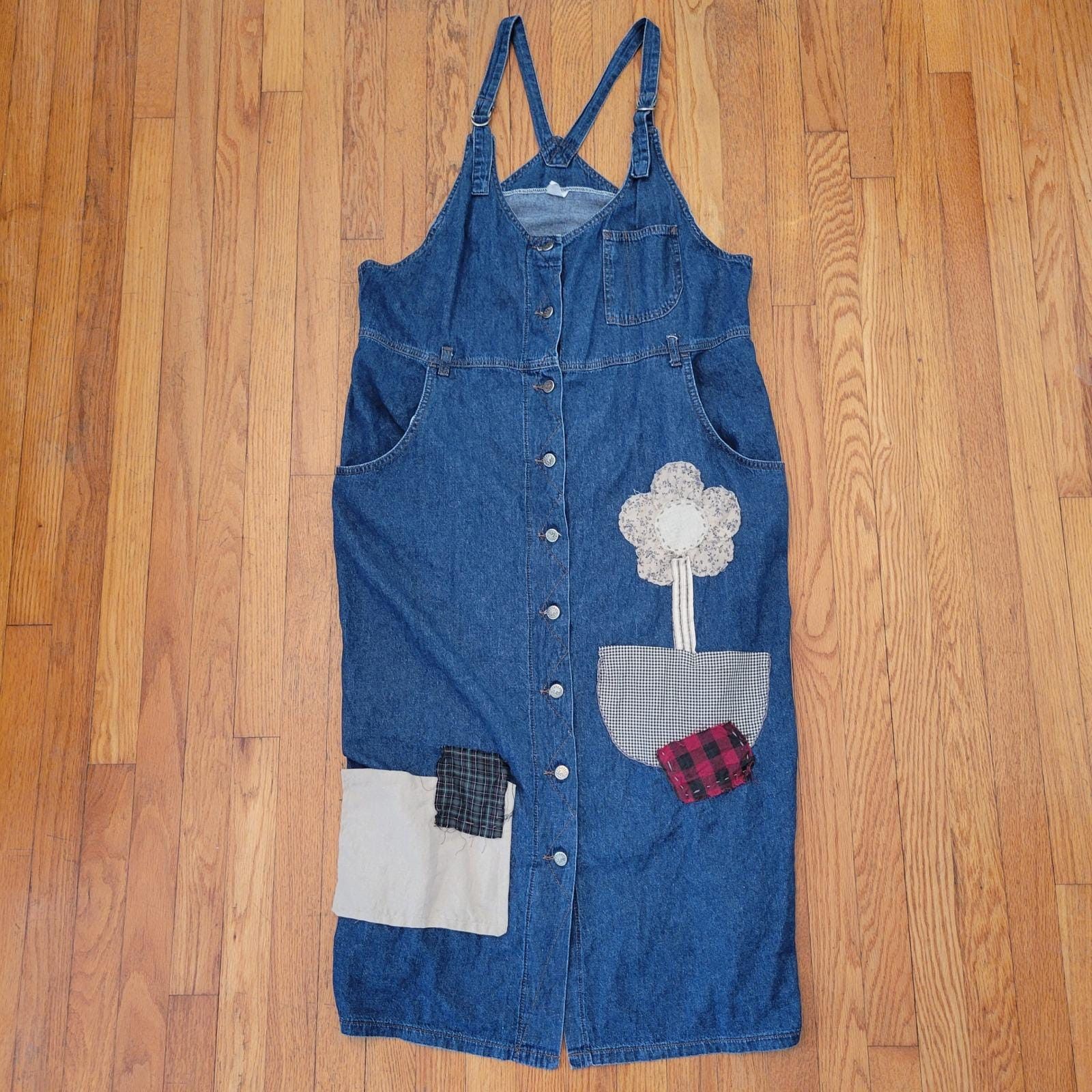 Lee Lee Denim Jumper Dress Overalls Cottagecore Patchwork 2X Size XXL / US 16-18 / IT 52-54 - 1 Thumbnail