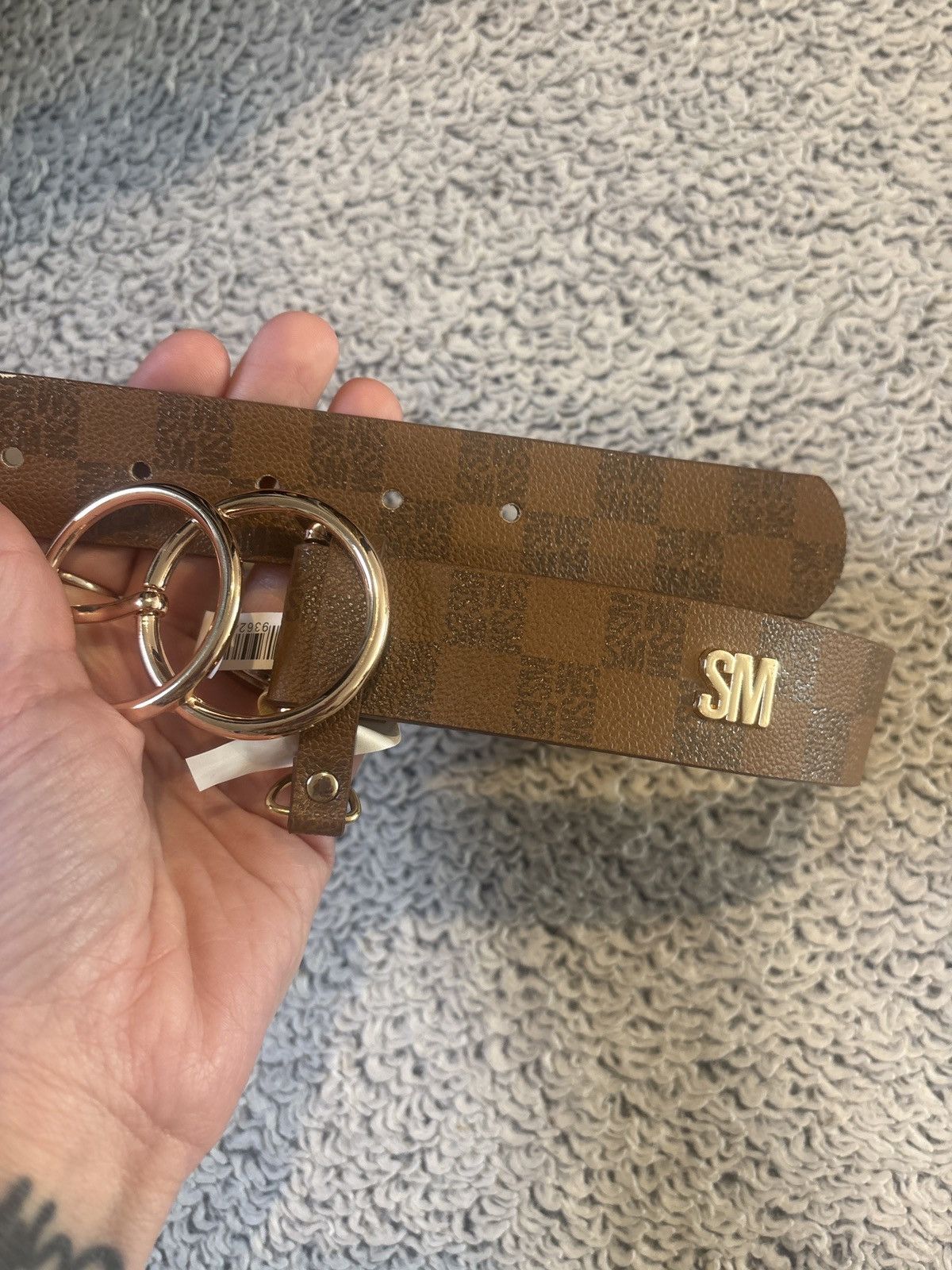 Steve Madden SM Cognac Brown Checkered Belt – Double Ring Buckle – Size L Size ONE SIZE - 1 Thumbnail