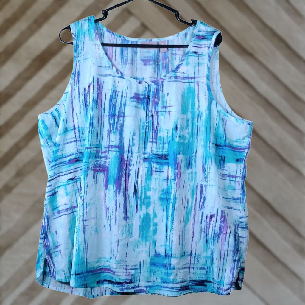 Vintage Chicos Womens Blouse Blue Purple Abstract Scoop Neck Sleeveless Lightweight XS-XL Geometric Casual Workwear Party/Cocktail 3/Regular Mens Women Girls Size XL / US 12-14 / IT 48-50 - 1 Thumbnail