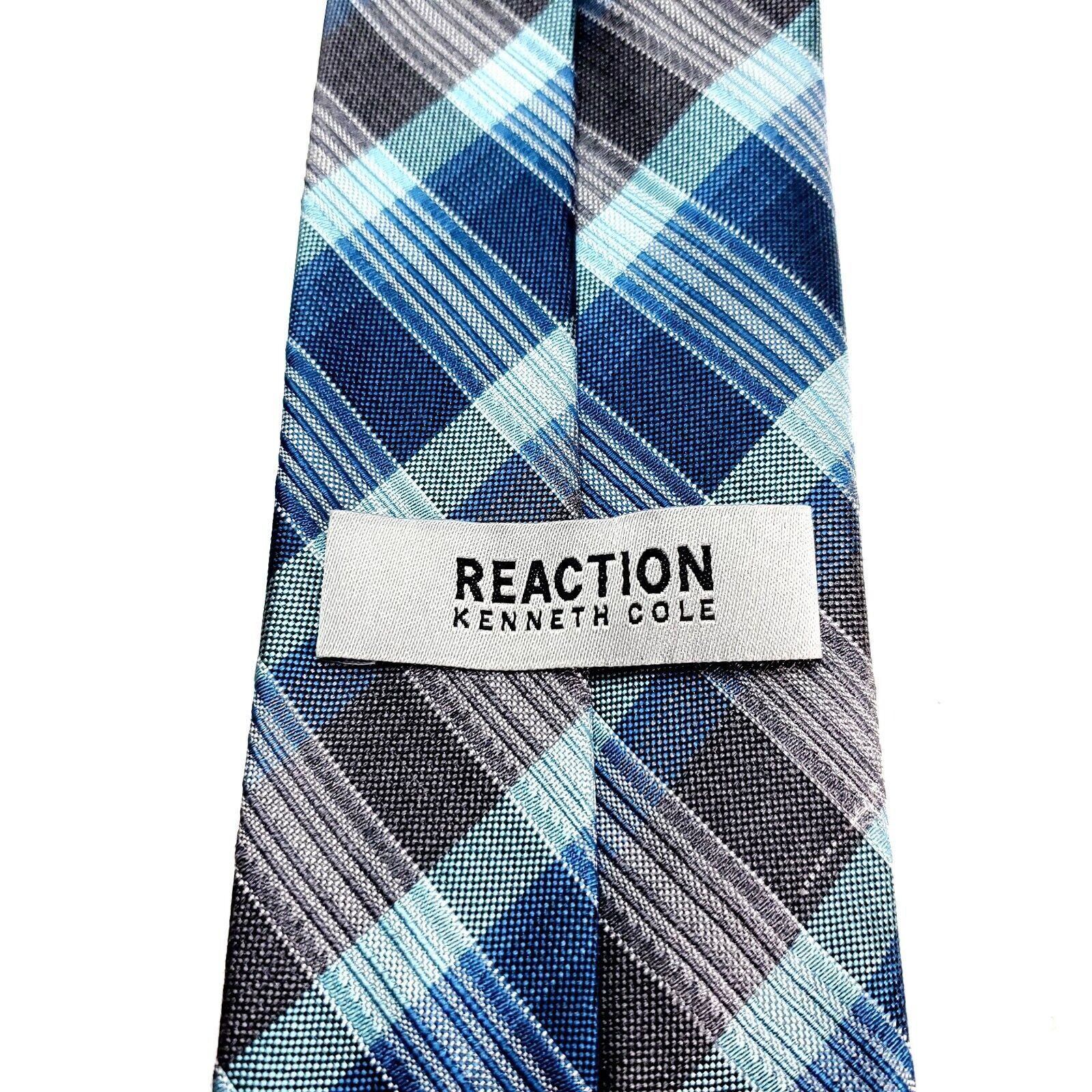 Kenneth Cole Kenneth Cole Reaction Silk Tie Blue Gray Plaid Skinny Woven Size ONE SIZE - 3 Thumbnail