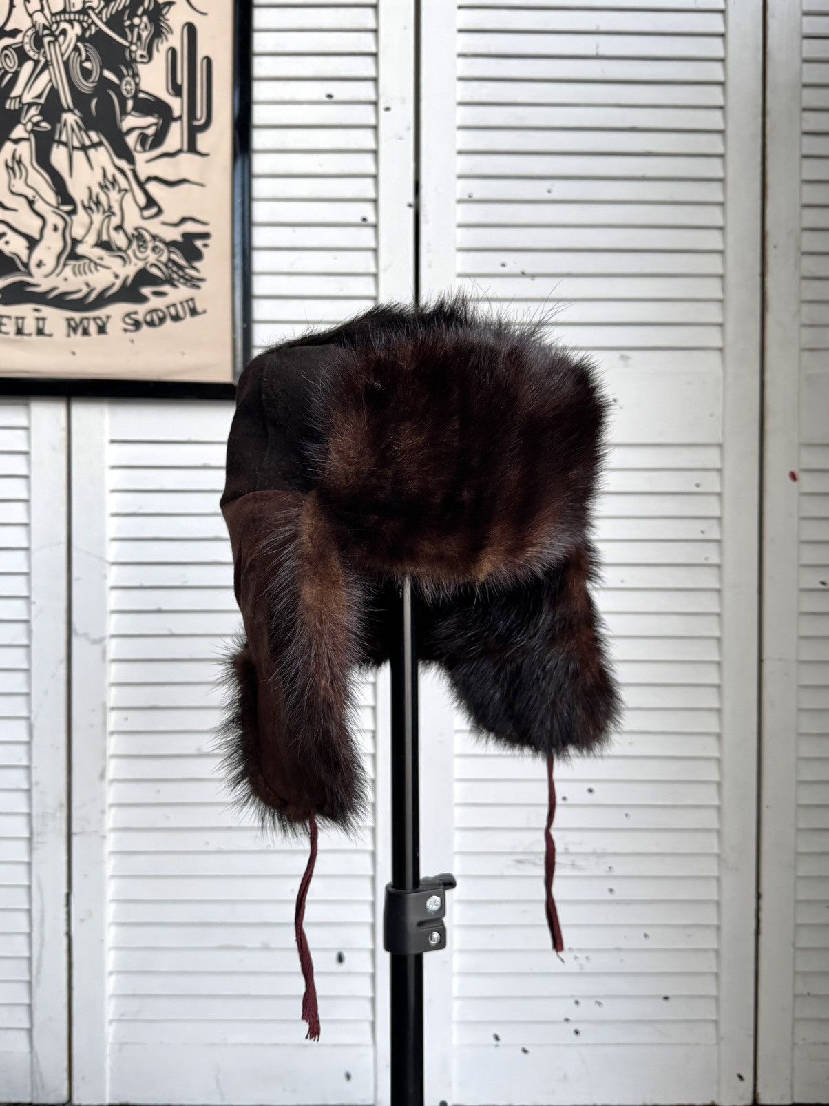 Vintage Vintage 1970s Suede & Fur Ushanka Hat Brown Burgundy Trapper Size ONE SIZE - 1 Thumbnail