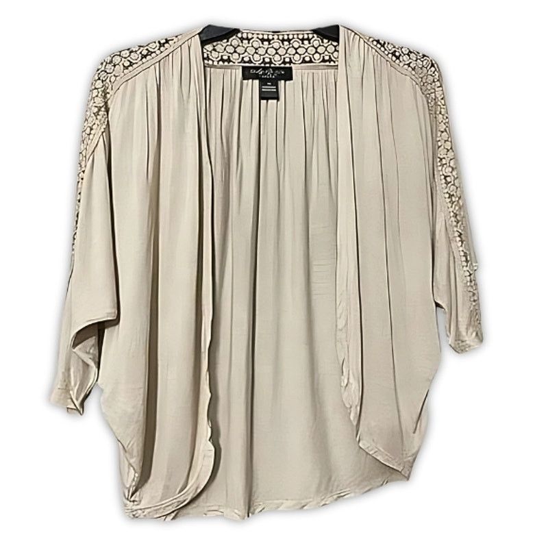 Other August Silk Cardigan Batwing Lace Trim Open Front Beige W PS Size S / US 4 / IT 40 - 1 Thumbnail