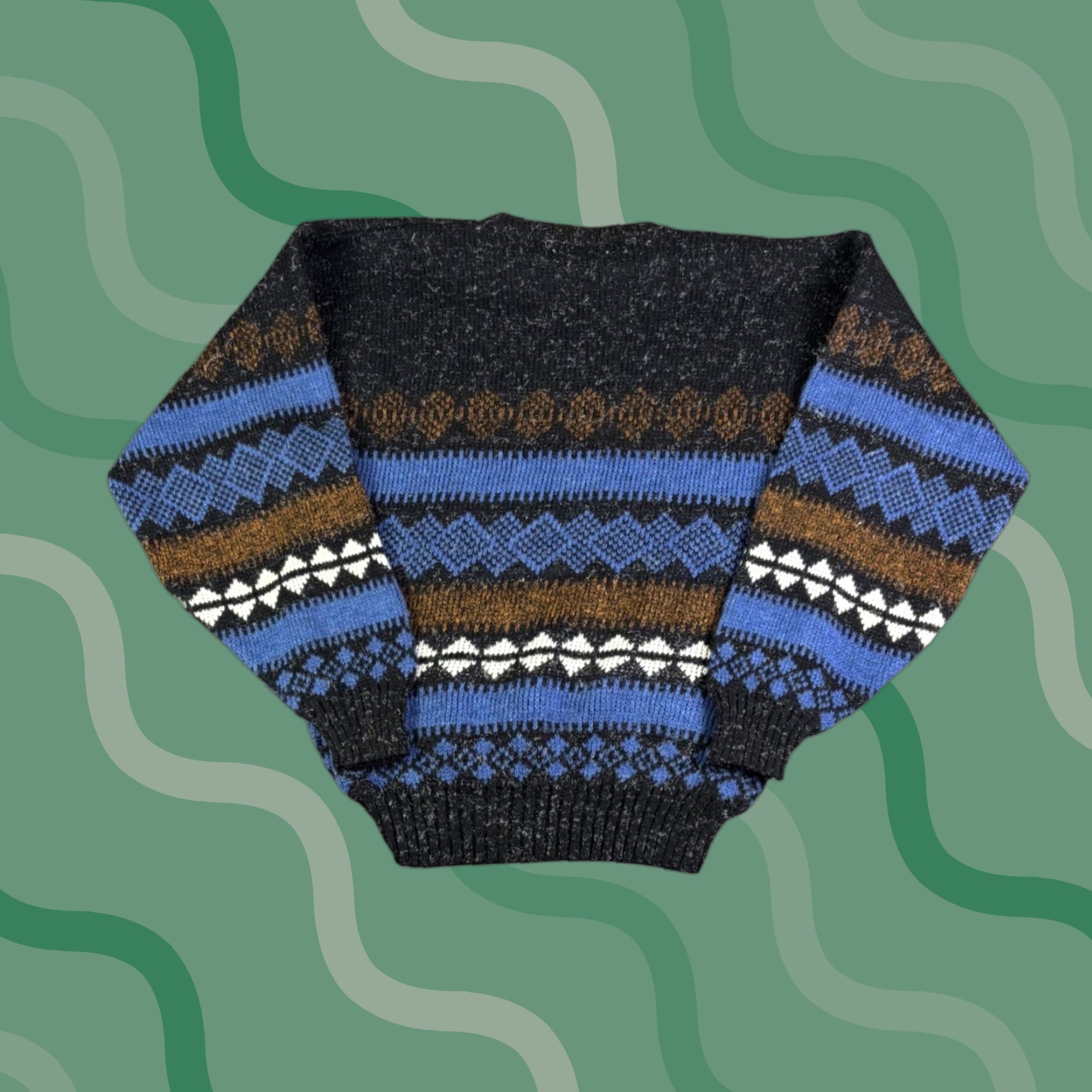 Vintage Elegant Women's Knit Sweater Black Blue Brown Fair Isle Pattern M Vintage 90s Crew Neck Long Sleeve Wool Blend Geometric Knit Size M / US 6-8 / IT 42-44 - 1 Thumbnail