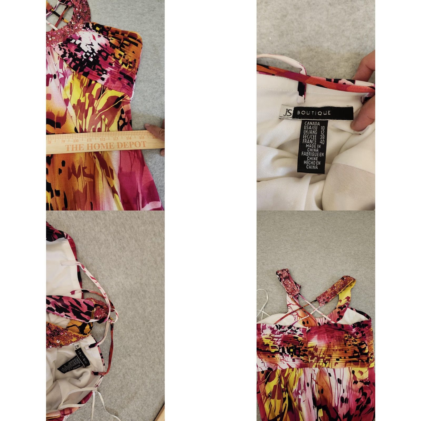 Vintage JS Boutique Dress Womens 10 Beaded Straps Pink Yellow Maxi Evening Formal Gown Size L / US 10 / IT 46 - 9 Thumbnail