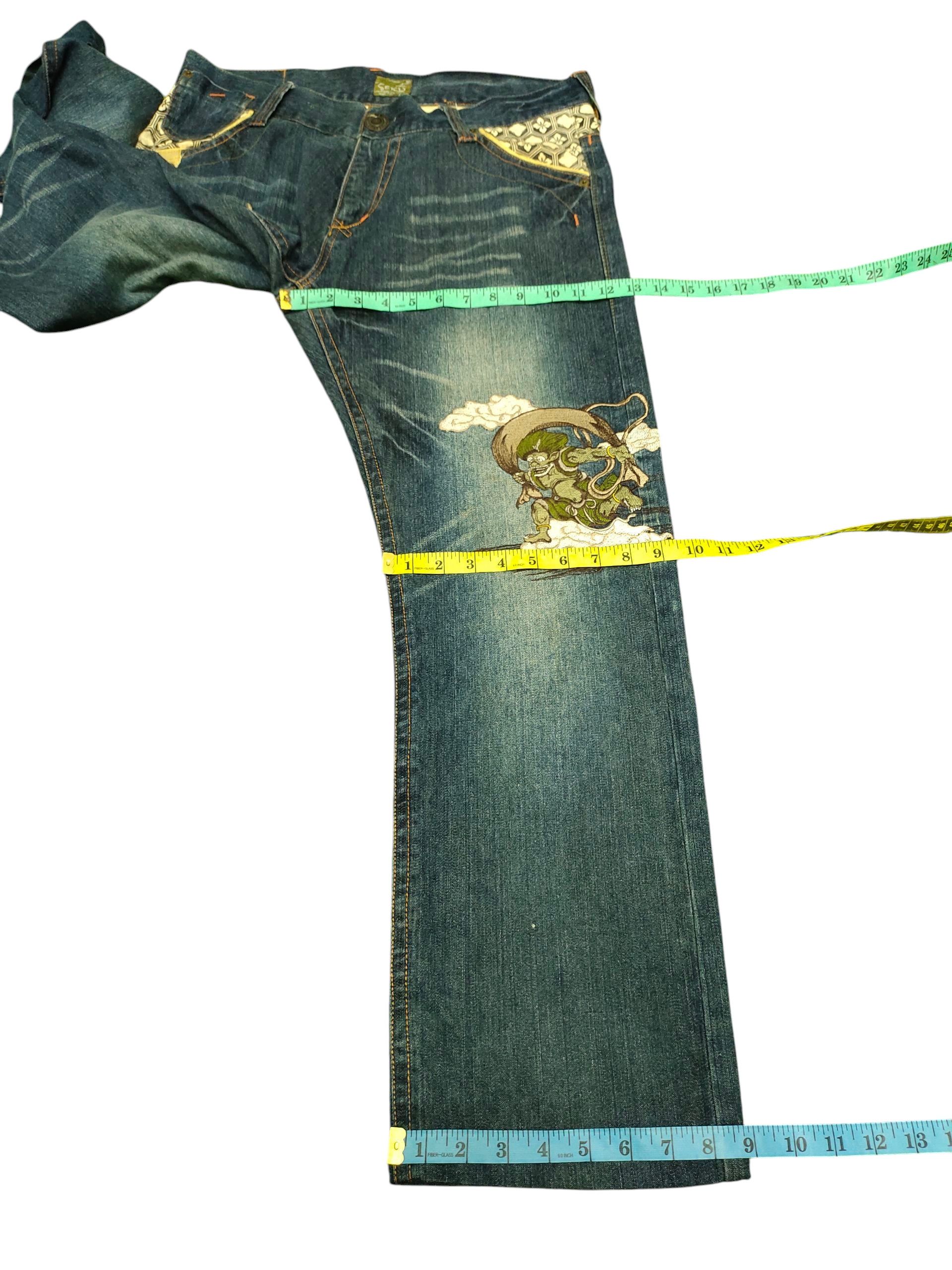 Karakuri Tamashii Japanese Sukajan Seku Raijin and Fujin Embroidered Jeans Size US 35 - 17 Thumbnail