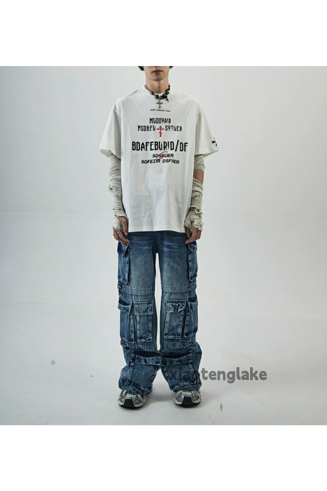 Jean Unisex washed faded loose baggy skate hiphop cargo jeans Size US 30 / EU 46 - 5 Thumbnail