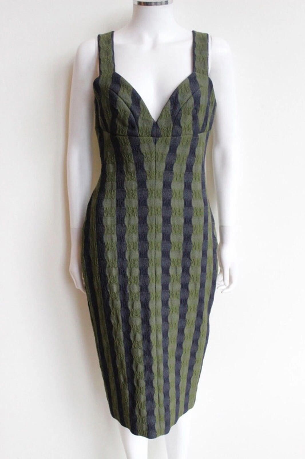 Victoria Beckham Gingham Navy Khaki stretch-knit dress UK 10