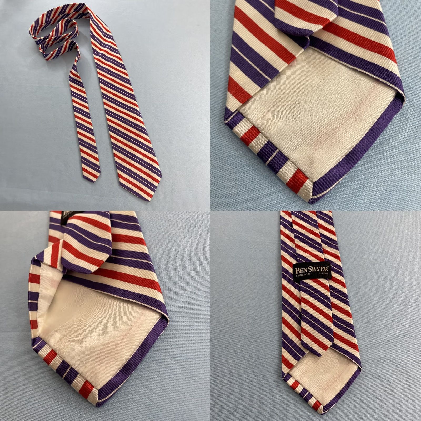 Vintage Ben Silver London Silk Repp Tie Purple Red White Stripe Vintage Handmade 3.5x57" Mens Tie Size ONE SIZE - 10 Thumbnail