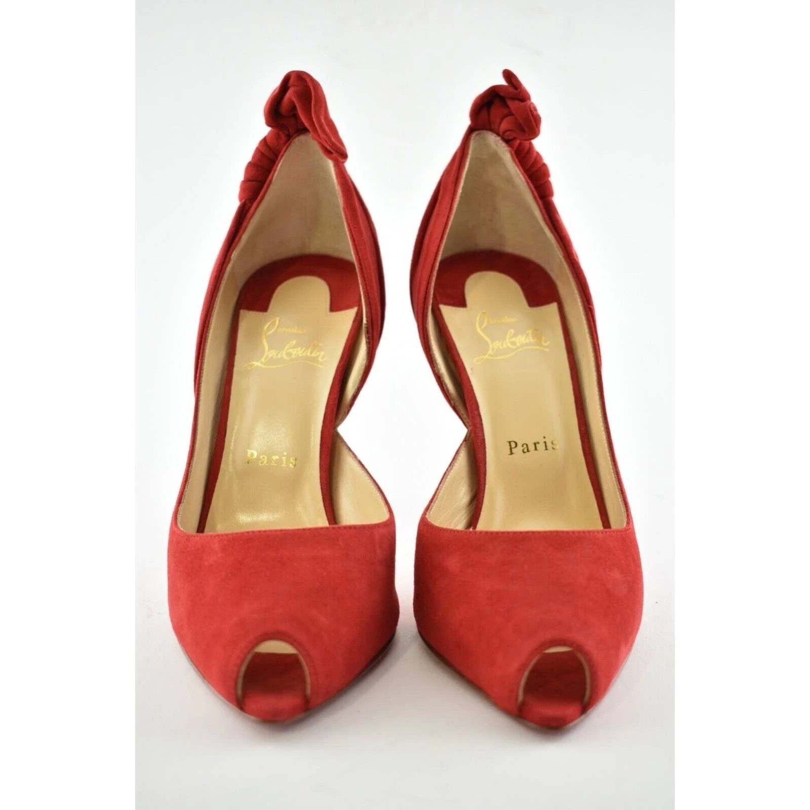 Christian Louboutin Barbara 100 Oeillet Red Suede Peep Toe Bow Heel Pump 39.5 Size US 9.5 / IT 39.5 - 4 Thumbnail