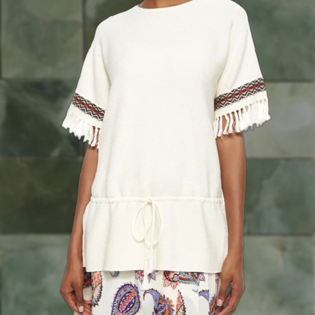 Tory Burch VINTAGE Tory Burch Tunic Sweater 100% Cotton Beige Fringe Drawstring L Womens Size L / US 10 / IT 46 - 1 Thumbnail