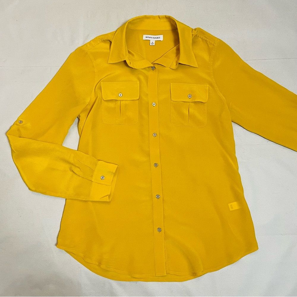 Banana Republic Banana Republic 100% Silk Yellow Long Sleeve Blouse Size 6 Size M / US 6-8 / IT 42-44 - 5 Thumbnail