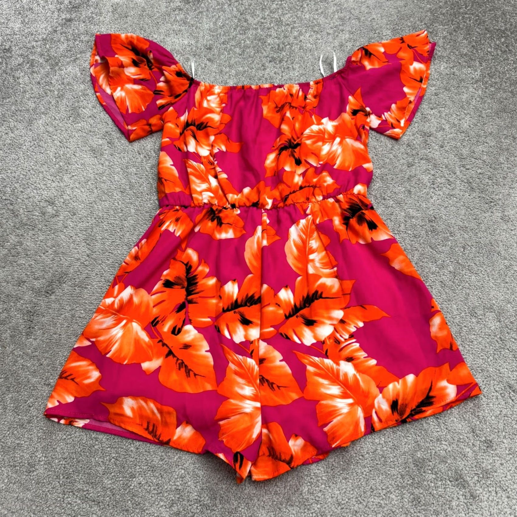 Lulus Lulus Romper Womens Large Pink Orange Tropical Leaf Print Summer Off Shoulder Size 36" / US 14 / IT 50 - 2 Thumbnail