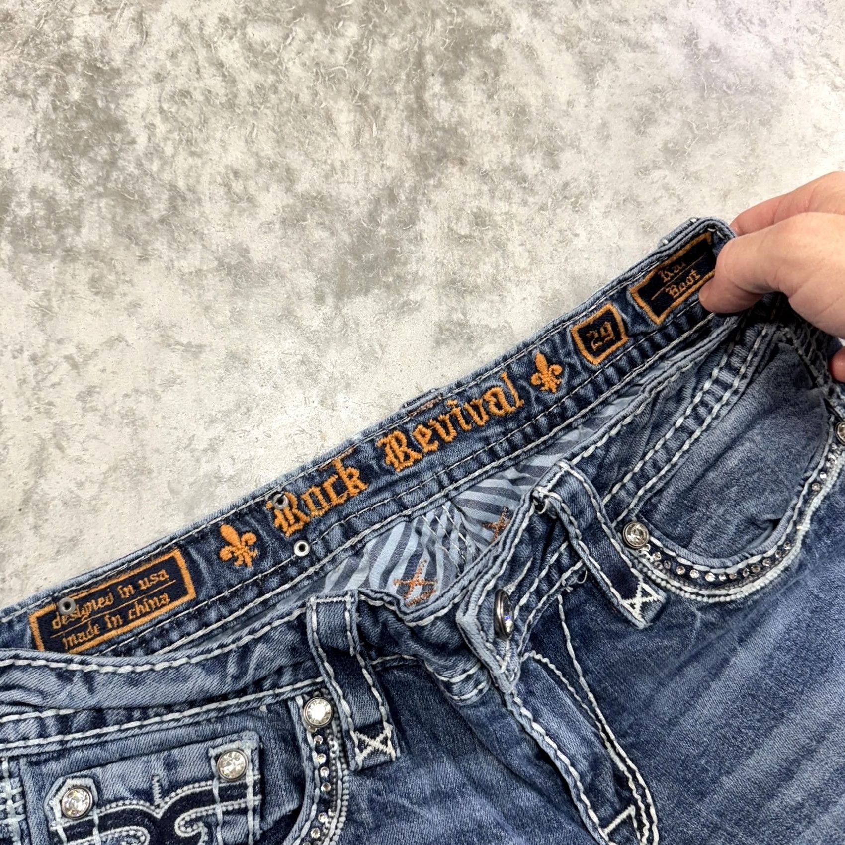 Vintage Rock Revival Jeans Women's 29 Blue Distressed Bootcut Embroidered Pockets Rhinestone Logo 90s 00s Vintage Inspired Size 29" - 5 Thumbnail