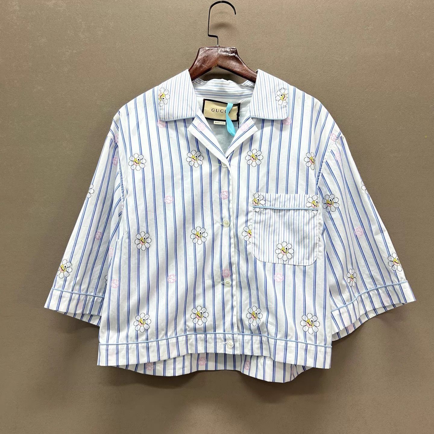 Gucci Gucci SS24 Light Blue Striped Daisy GG Lapel Short Shirt 42 Size M / US 6-8 / IT 42-44 - 1 Thumbnail