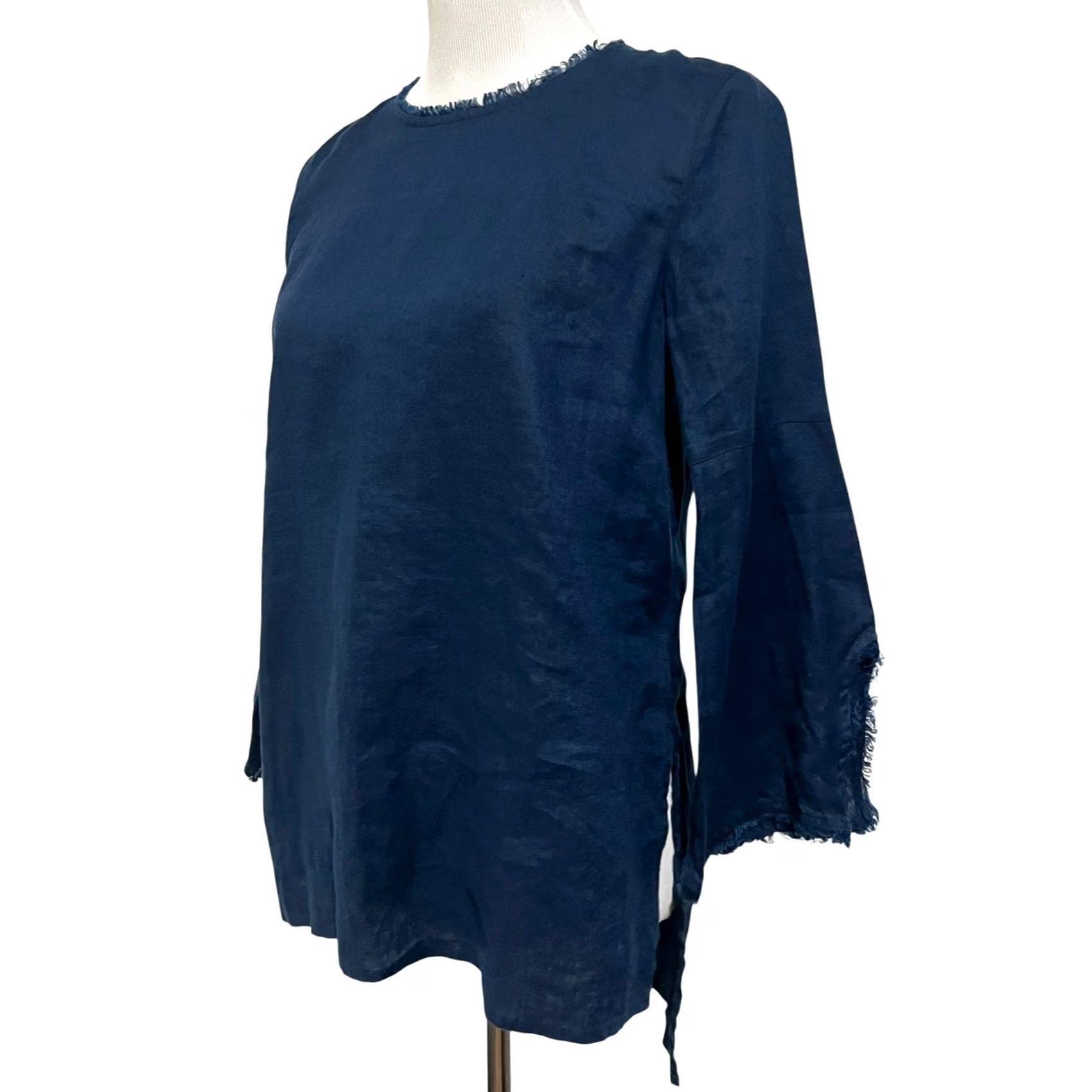 J. Jill VINTAGE J. Jill Love Linen Tunic Top Frayed Edge Navy Blue Coastal Nautical Sz Petite S Blouse 3/4 Sleeve Womens Size S / US 4 / IT 40 - 3 Thumbnail