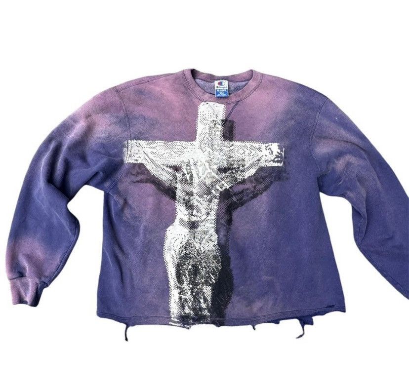 Image of Champion Faded Crew Neck/ Jesus Print in Purple, Men's (Size XL)