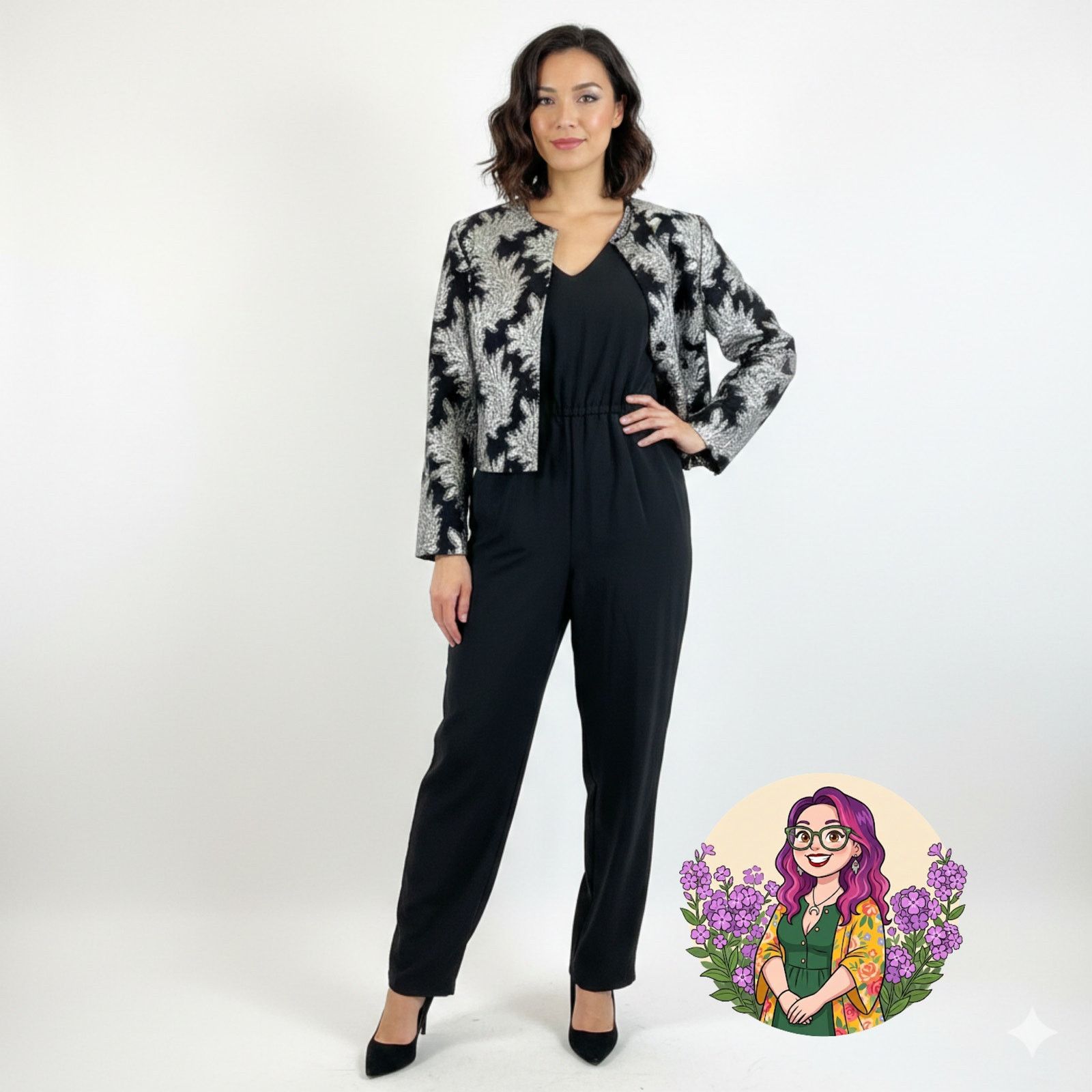 Other VTG Silver Black Metallic Brocade Jumpsuit Matching Jacket Size 28" / US 6 / IT 42 - 1 Thumbnail