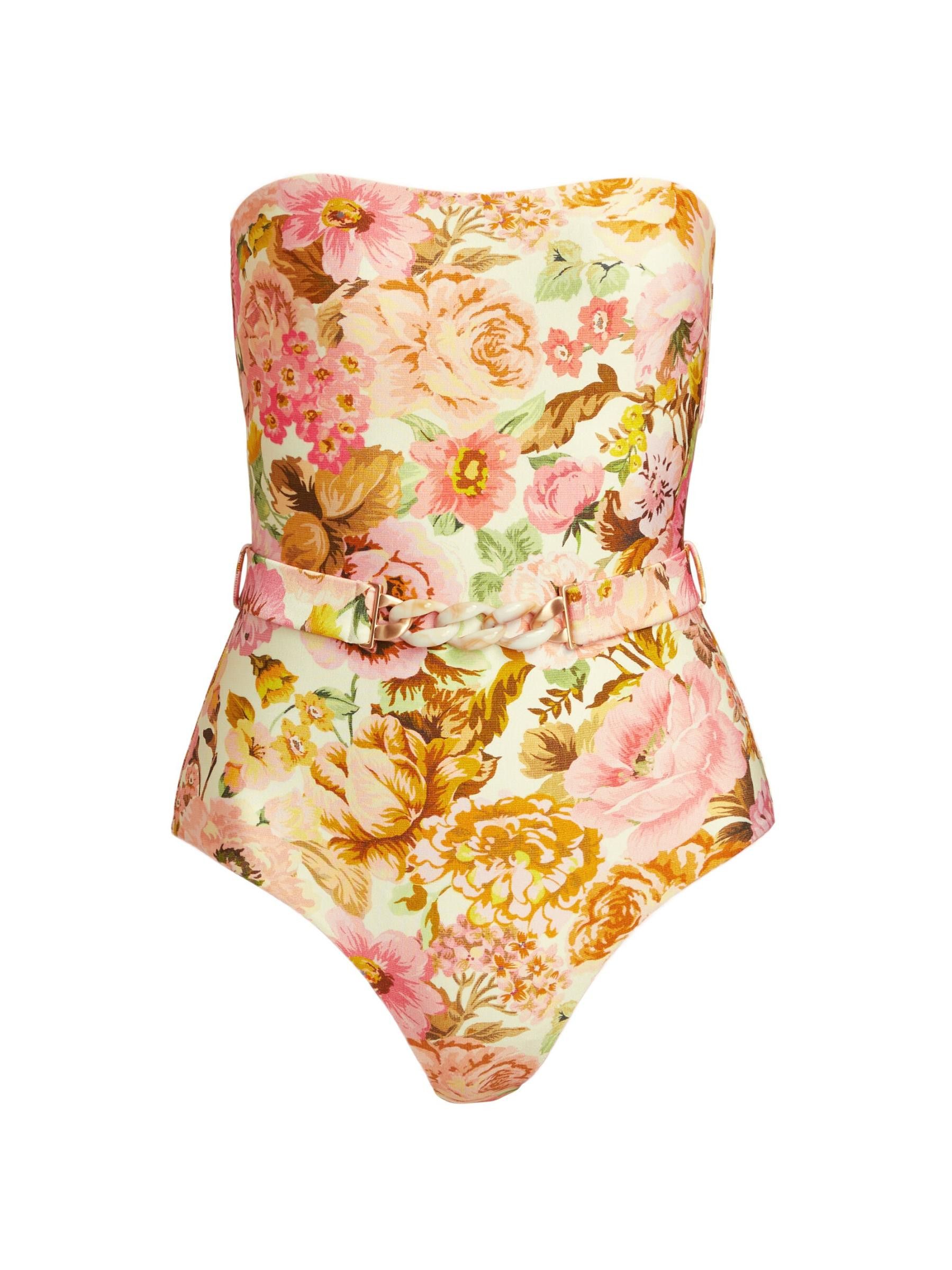 oc11z0525 Strapless Belted One-Piece Swimsuit in Multicolor