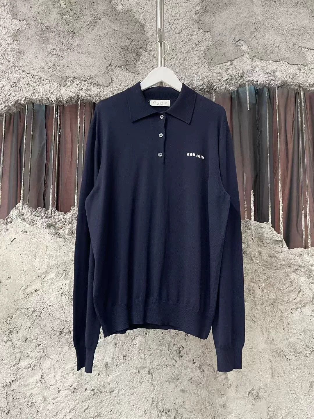Miu Miu Miu Miu 24SS Navy Knit Long-Sleeve Polo Size US S / EU 44-46 / 1 - 1 Thumbnail