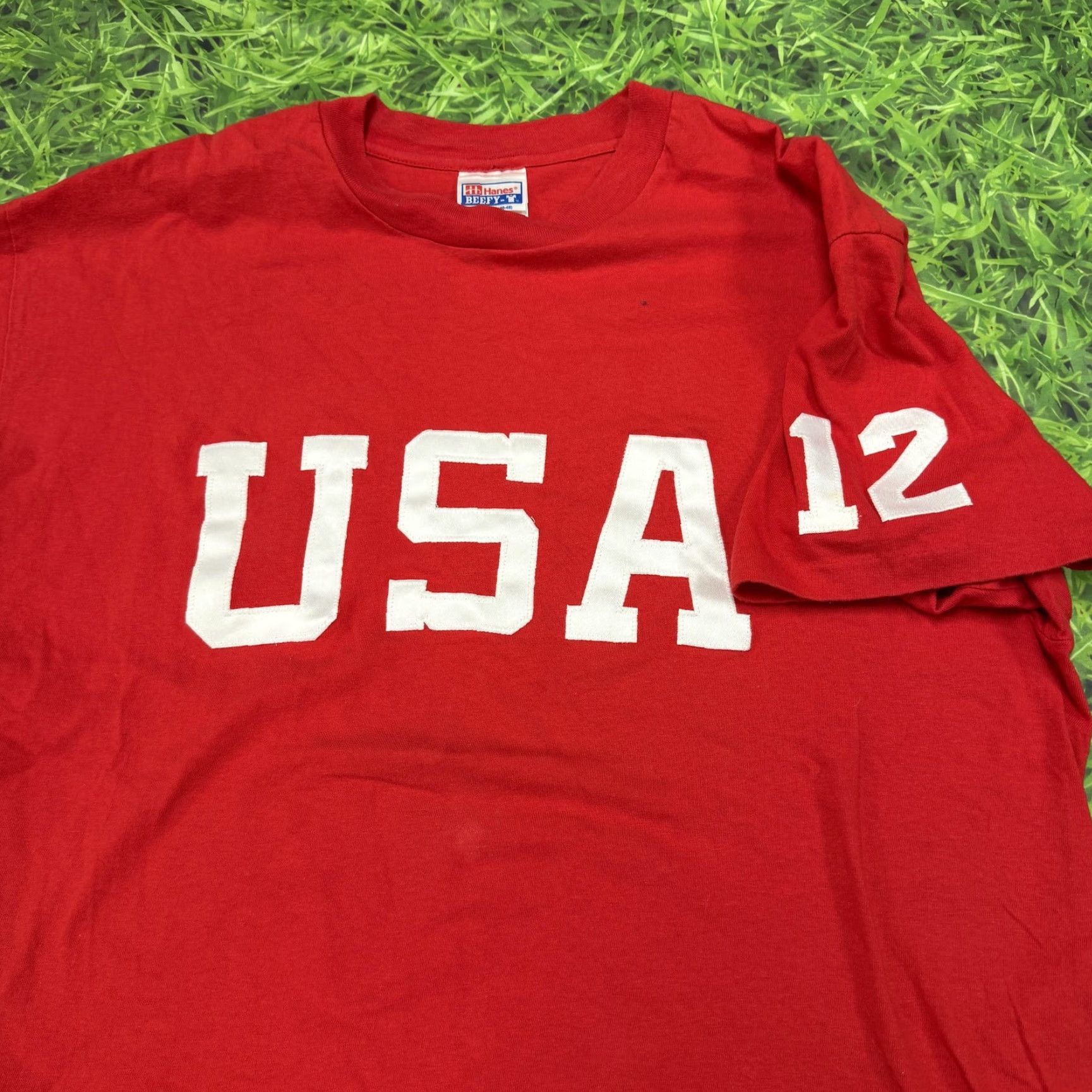 Hanes VINTAGE USA Shirt Mens XL Red Hanes Beefy-T 12 Sleeve Applique Graphic Patriotic Tee Size US XL / EU 56 / 4 - 5 Thumbnail
