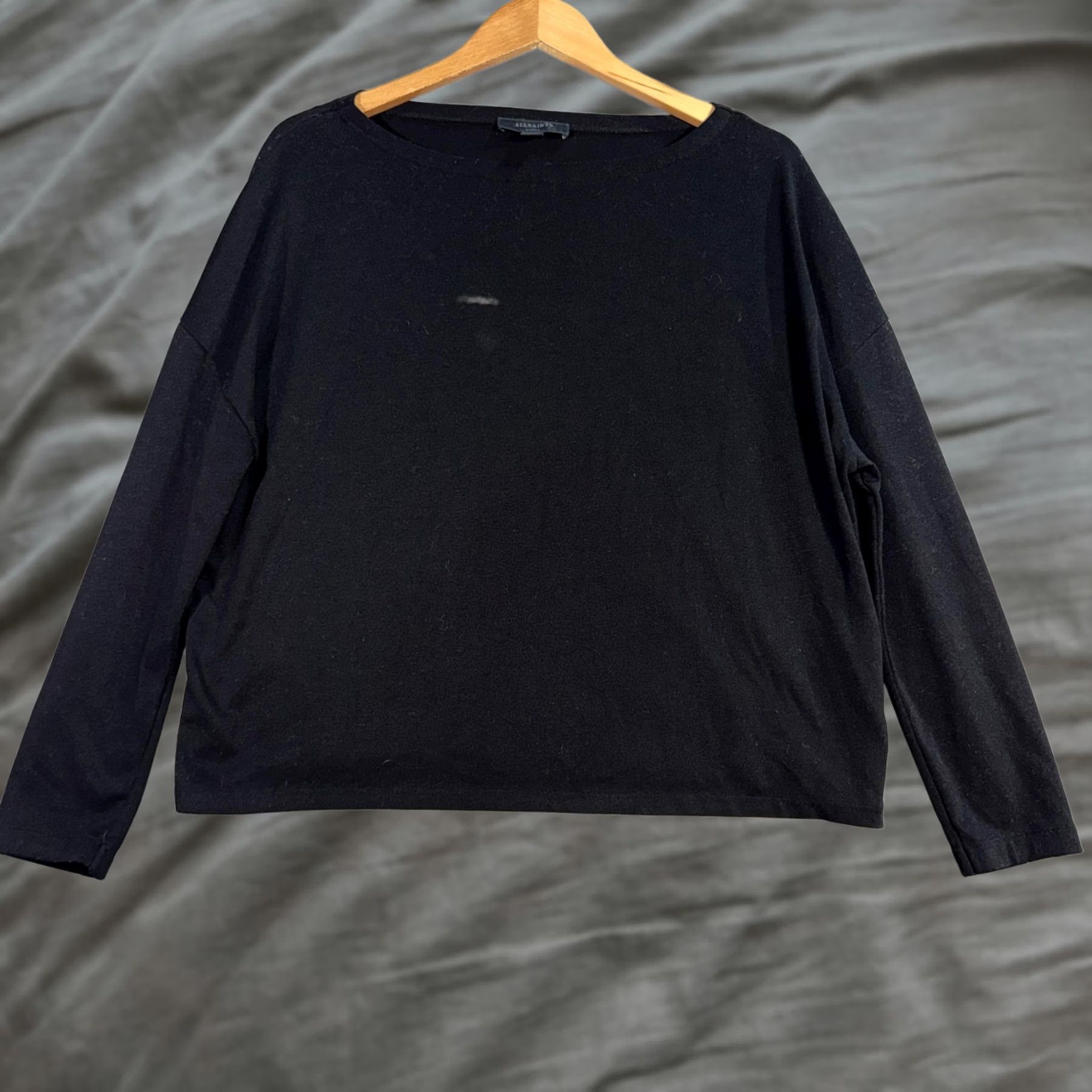 Allsaints AllSaints Shirt Women’s Small Black Rita Tee Boat Neck Long Sleeve Relaxed Size S / US 4 / IT 40 - 1 Thumbnail