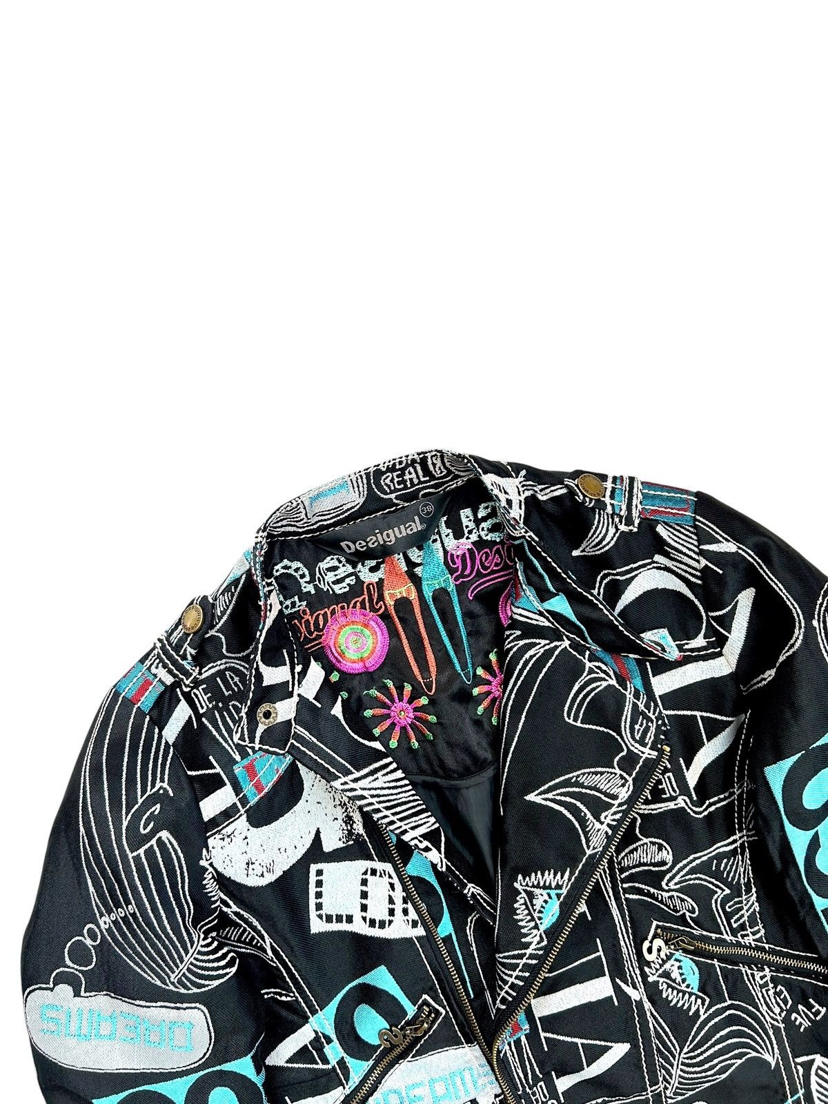 Desigual Desigual Y2K Denim Grange Punk Graffiti Moto Biker Jacket Size XS / US 0-2 / IT 36-38 - 5 Thumbnail
