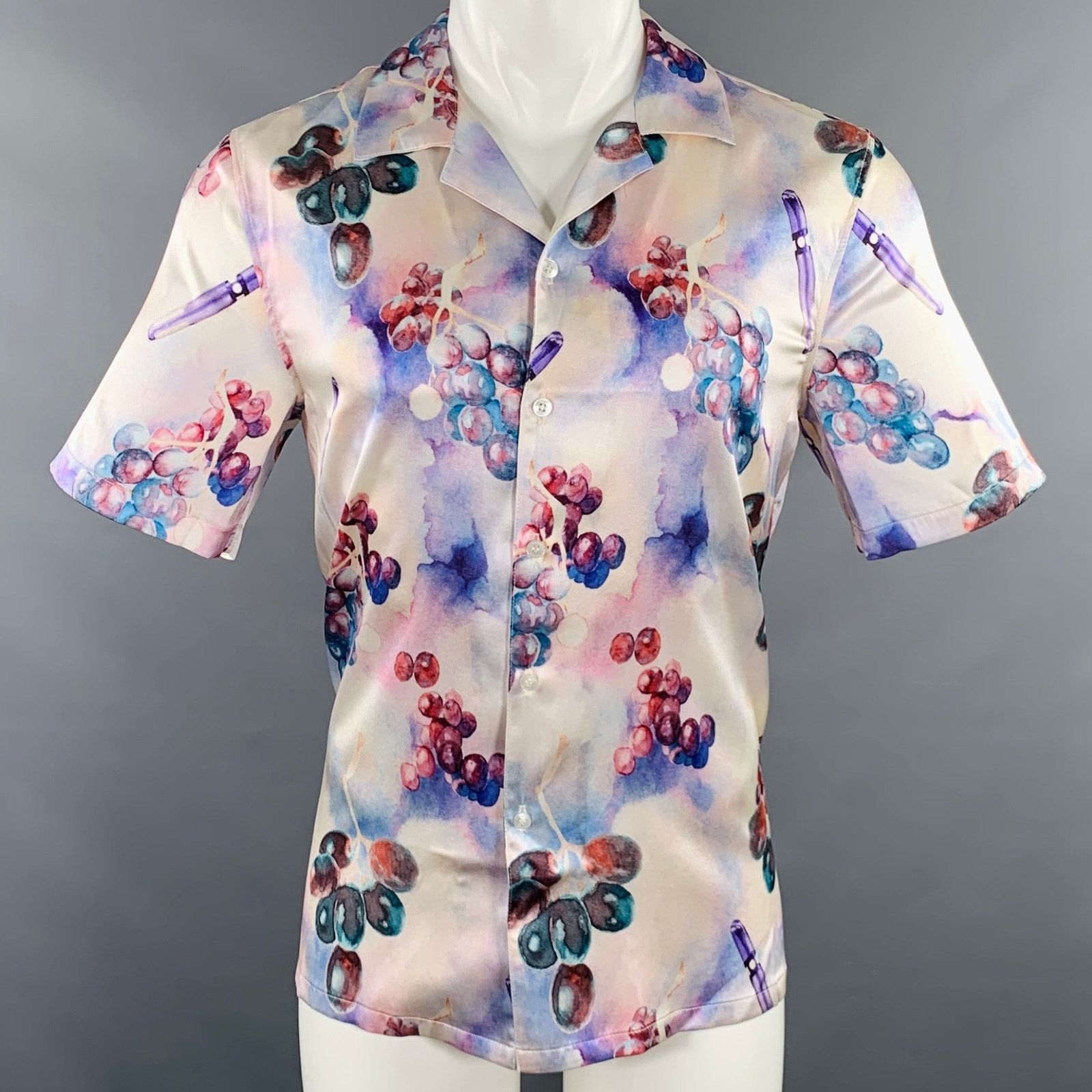 Nahmias S Grape Swishers Purple Beige Print Silk Blend Short Sleeve Size US S / EU 44-46 / 1 - 1 Thumbnail