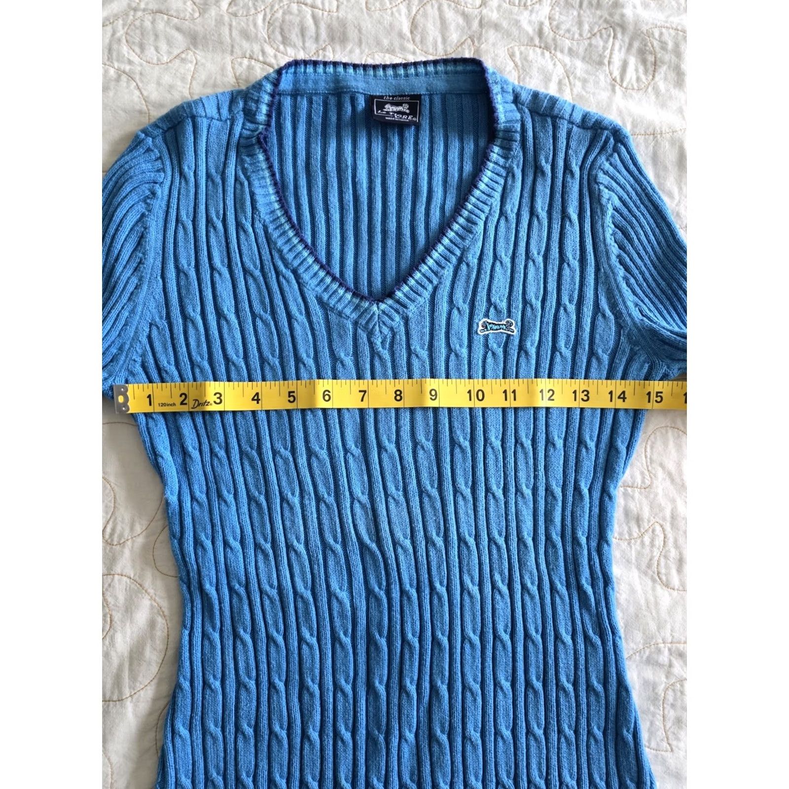 Vintage VINTAGE Le Tigre Blue Cable Knit V-neck Sweater Women's Large Tiger Patch Slim Stretch Size L / US 10 / IT 46 - 7 Thumbnail