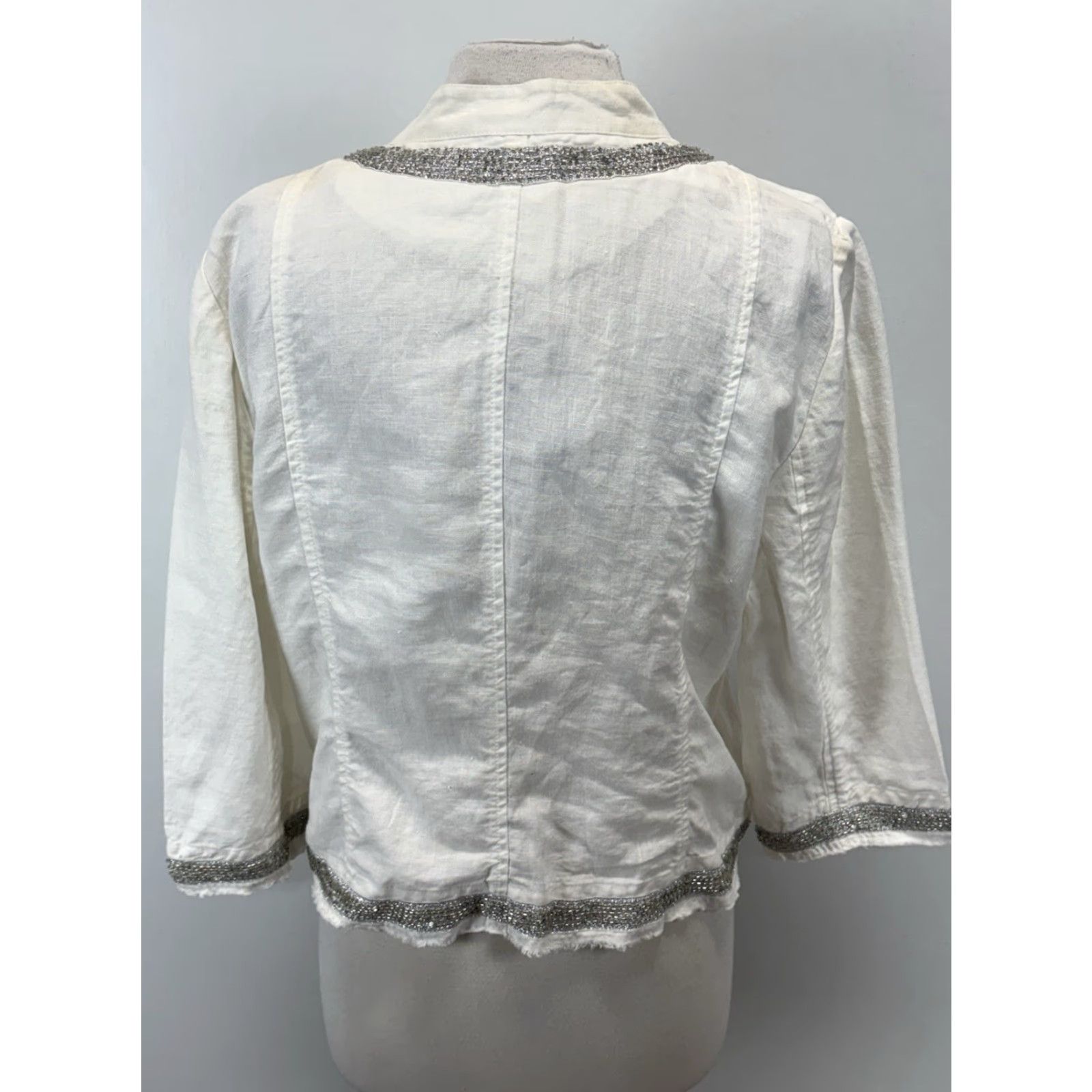 Vintage VINTAGE Chico's Linen Jacket Open Front Silver Beaded Trim Women’s Large SIZE Large Silver Beaded Trim 90s? (adjust to best) Size L / US 10 / IT 46 - 3 Thumbnail