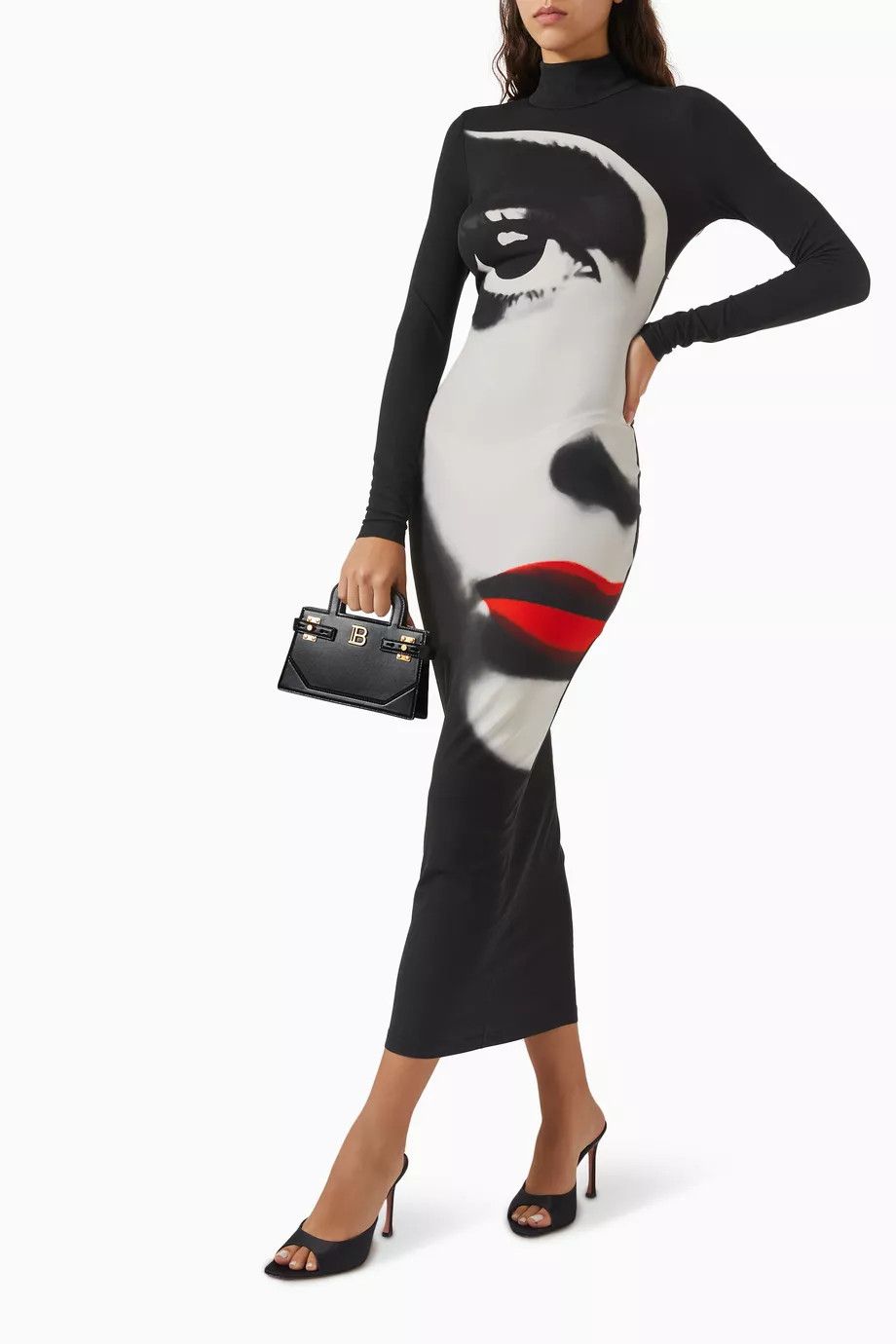 Balmain o1s1wg110526 Print Face Bodycon Midi Dress in Black Size L / US 10 / IT 46 - 2 Thumbnail