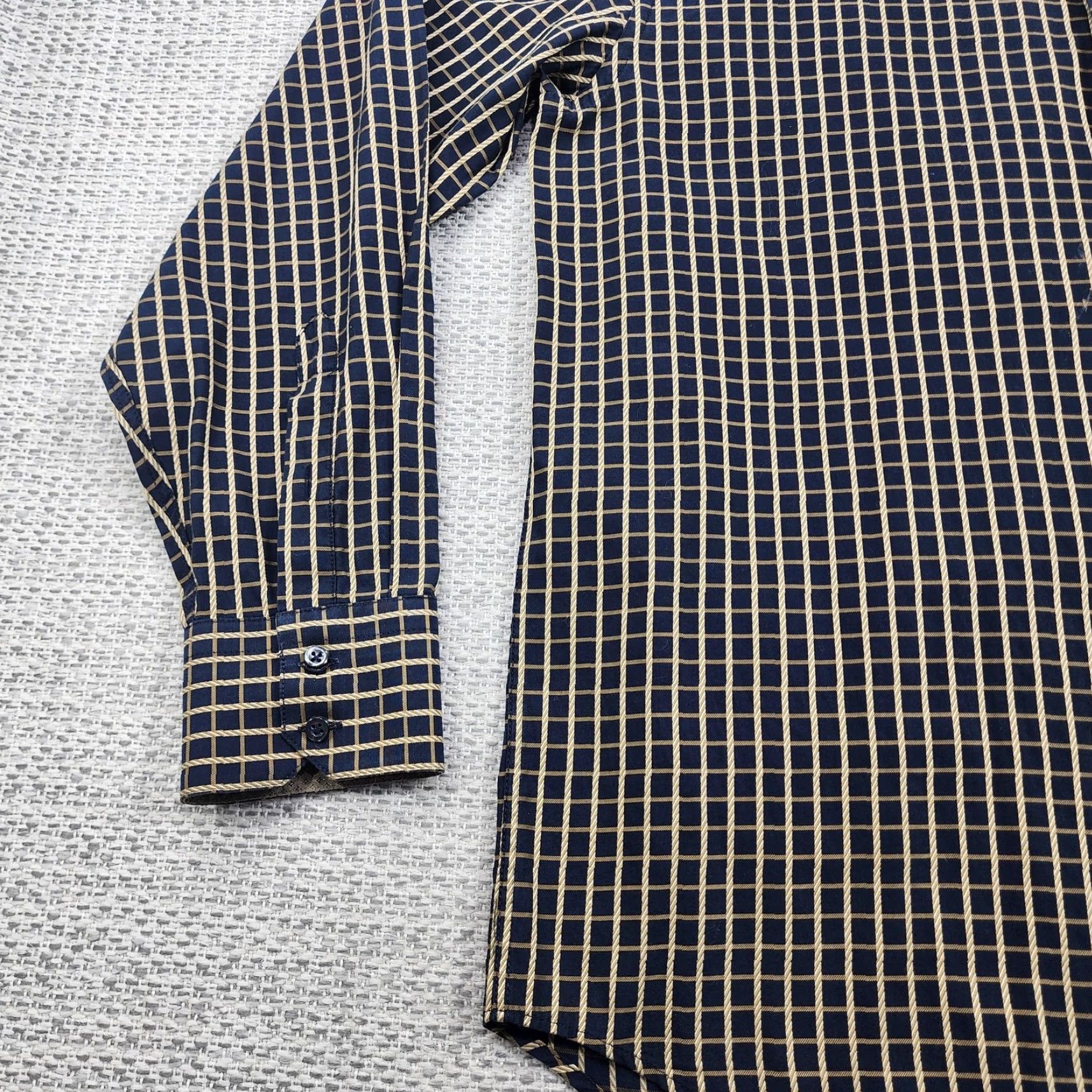 Vintage Riscatto Shirt Mens Large Navy Tan Check Dress Button Up Long Sleeve Cotton Size 42R - 2 Thumbnail