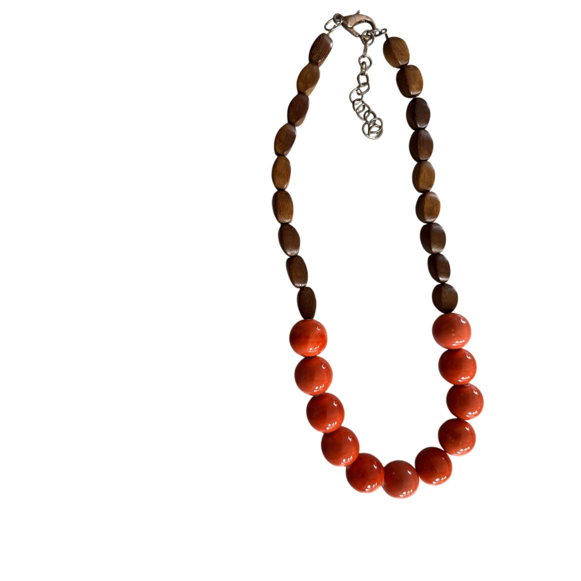 Handmade Wood & Orange Ceramic Beaded Necklace With Adjustable Lobste Size ONE SIZE - 4 Thumbnail