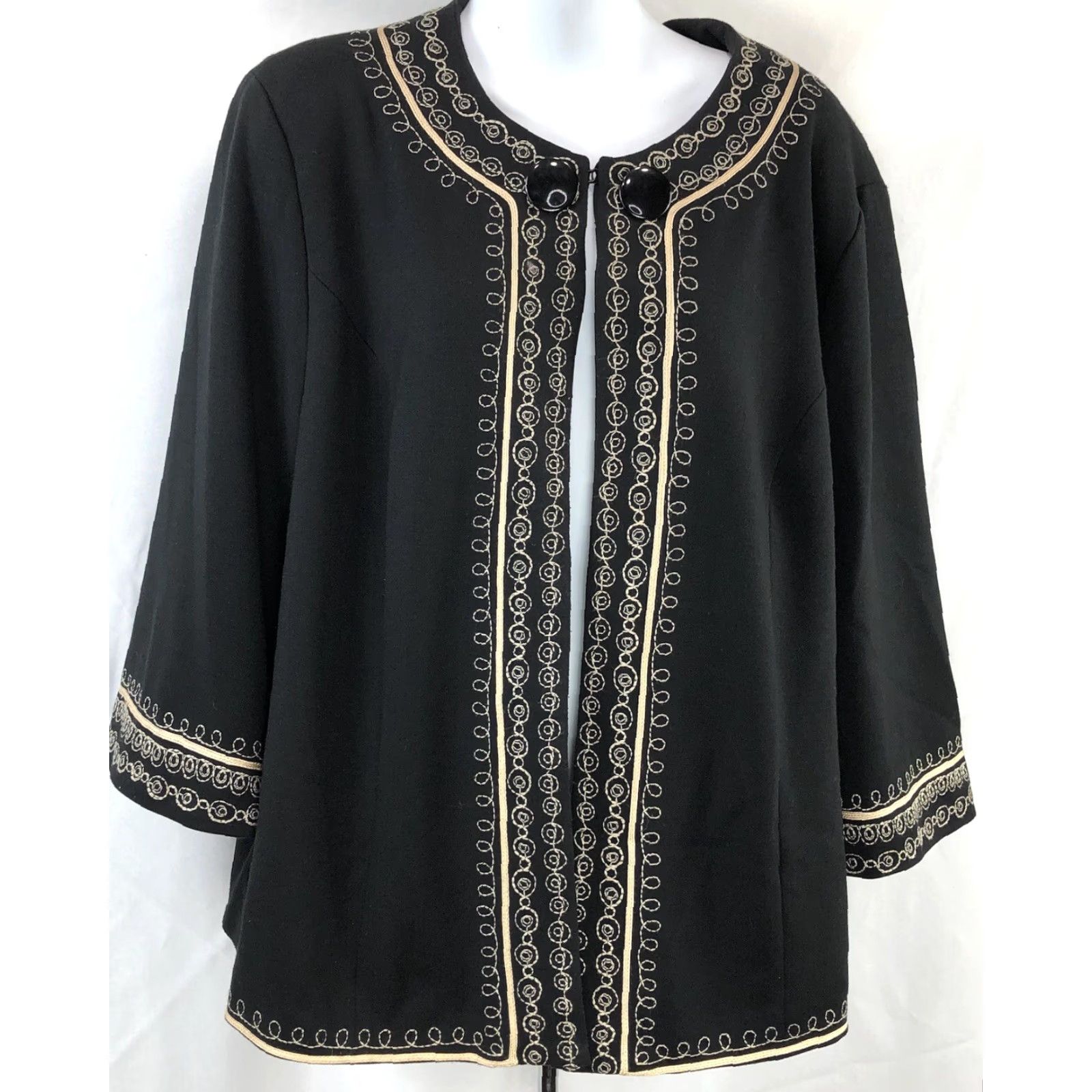 Vintage Lily Stanhope 1X Blk Gold Embroidered 3/4 Sleeve Jacket Wool? No, Poly Rayon Blend | Victorian Kimono Style City Coquette Size XL / US 12-14 / IT 48-50 - 5 Thumbnail