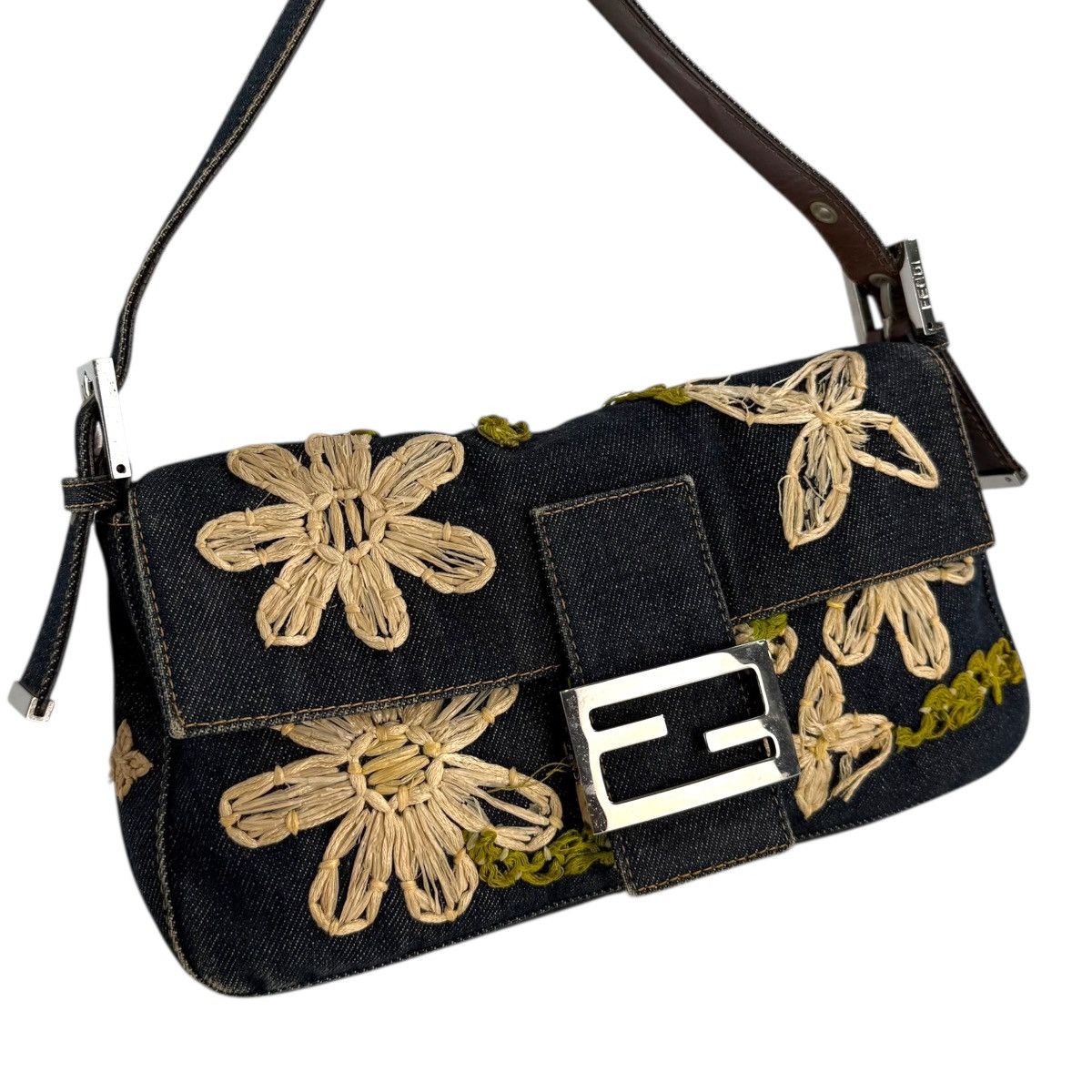 Fendi Fendi Embroidered Flowers Denim Baguette Shoulder Bag Size ONE SIZE - 5 Thumbnail
