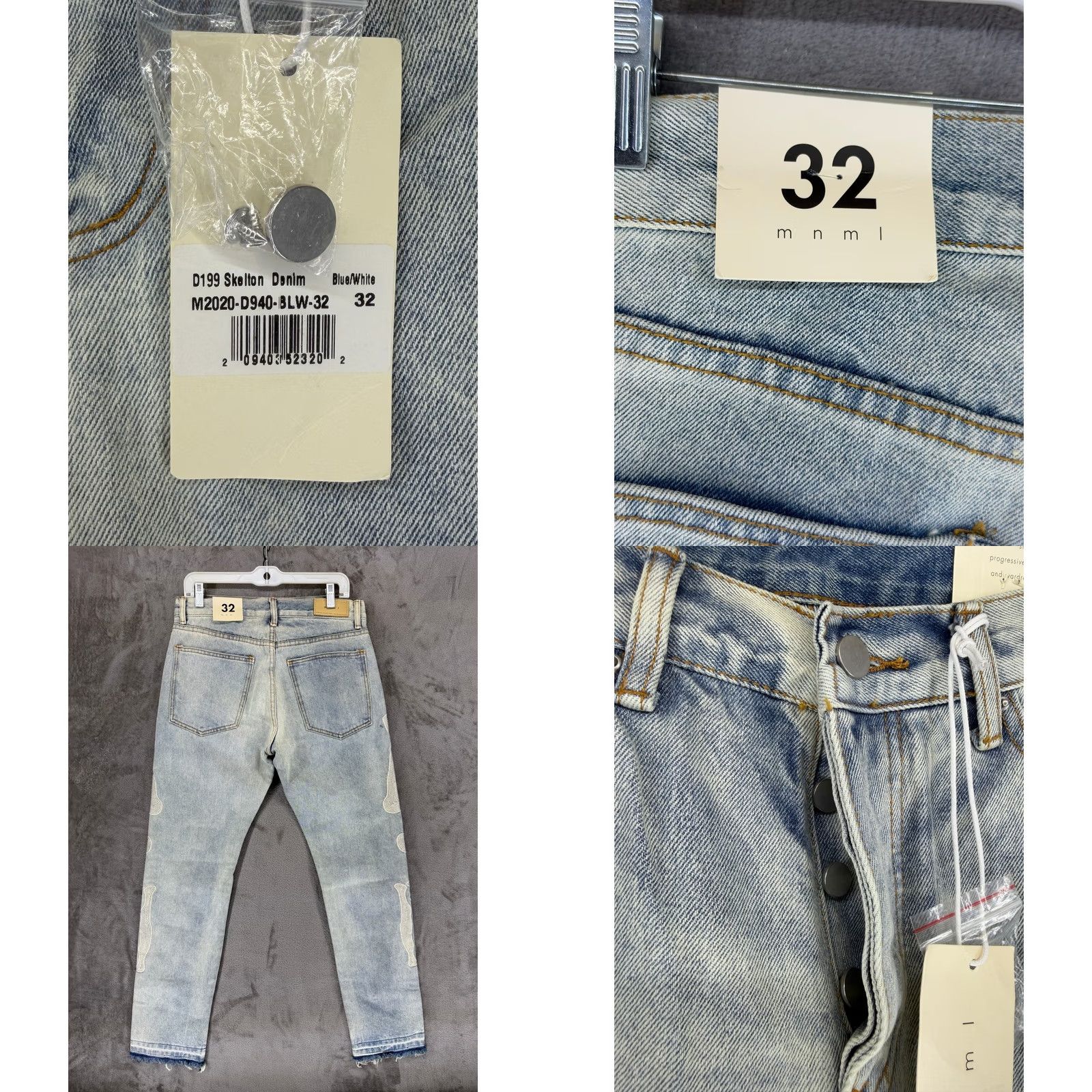 MNML MNML D199 Skeleton Denim Jeans Mens 32 Light Wash Blue White Bone Applique New Size US 32 / EU 48 - 8 Thumbnail