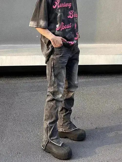 Japanese Brand × Jean Street Washed Gray Grunge Side Zip Micro Flared Jeans Size US 32 / EU 48 - 1 Thumbnail