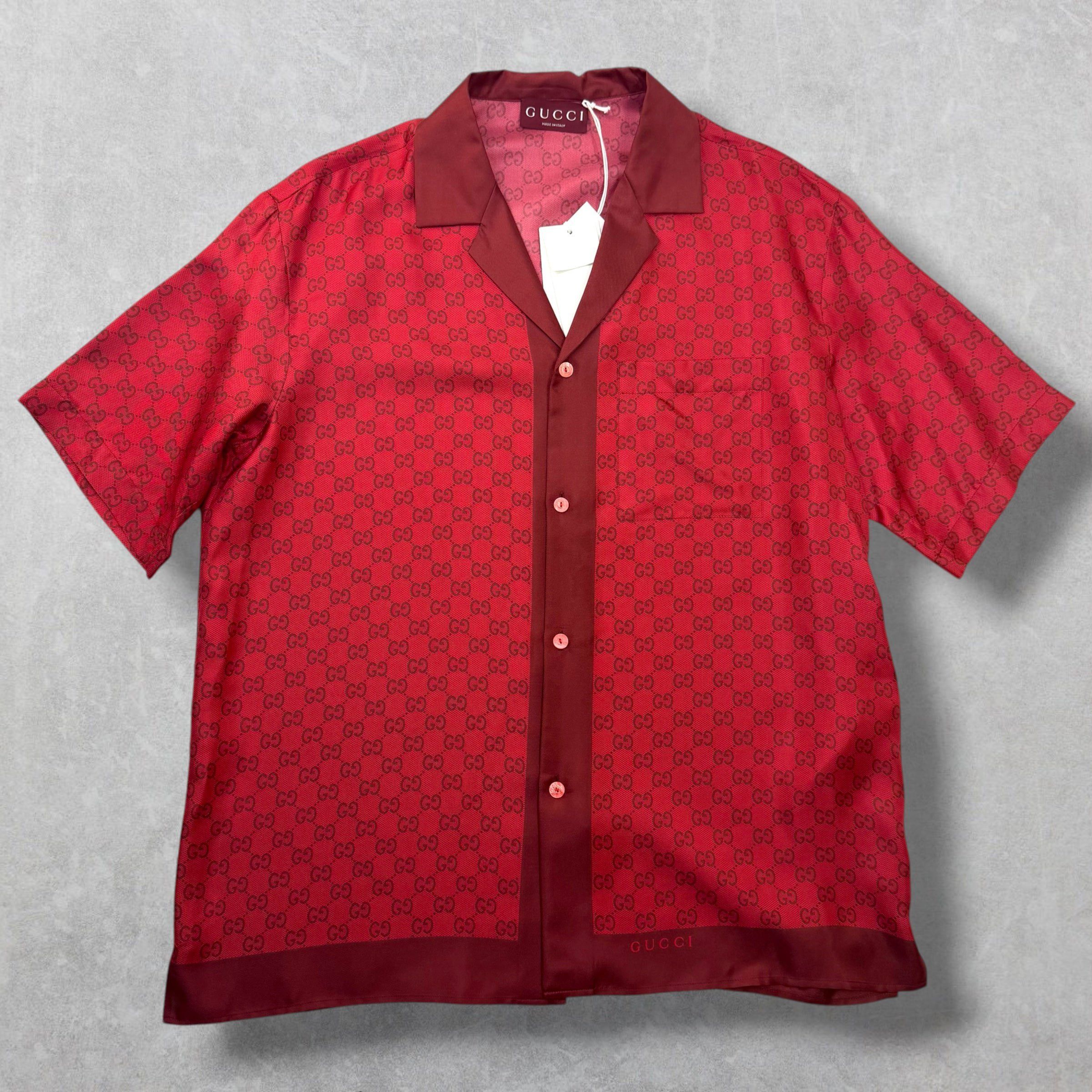 Gucci Printed Silk Twill Rosso Ancora Bowling Shirt 50 (L)