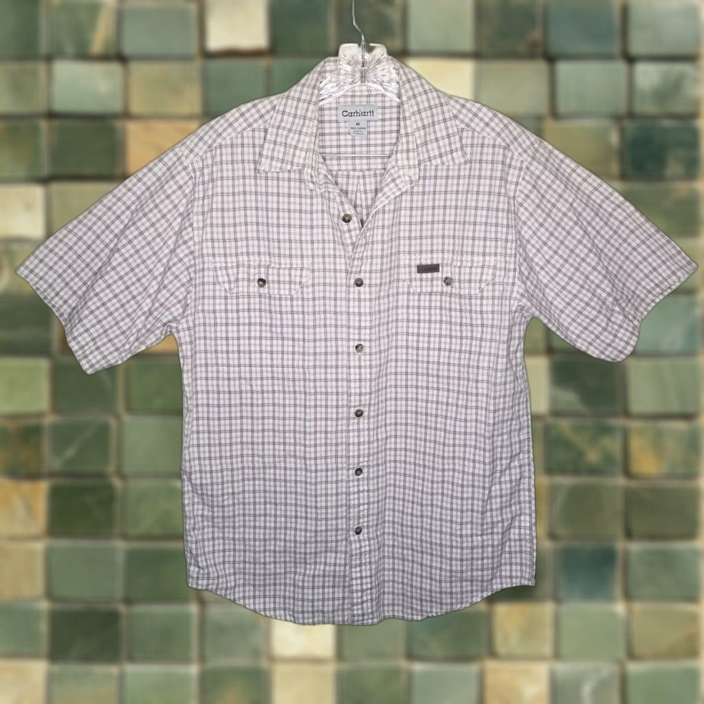Carhartt Carhartt Shirt Mens Plaid Short Sleeve Button-Up M Red Beige 90s Workwear Mens Size US 31 - 1 Thumbnail